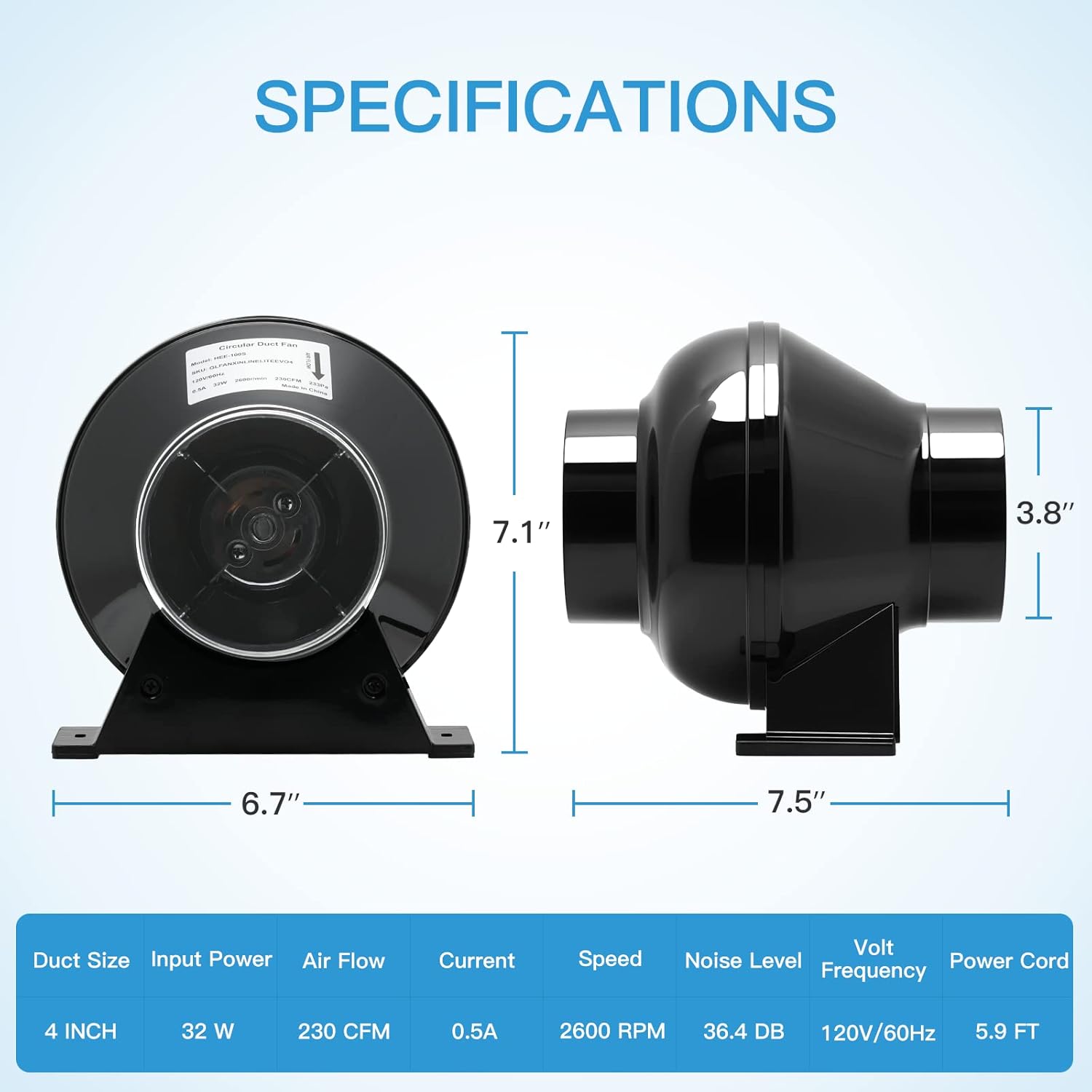 4 Inch 230 CFM Inline Fan Circulation Vent Blower, Air Carbon Filter, 8 Feet Ducting for Grow Tent Ventilation, Black