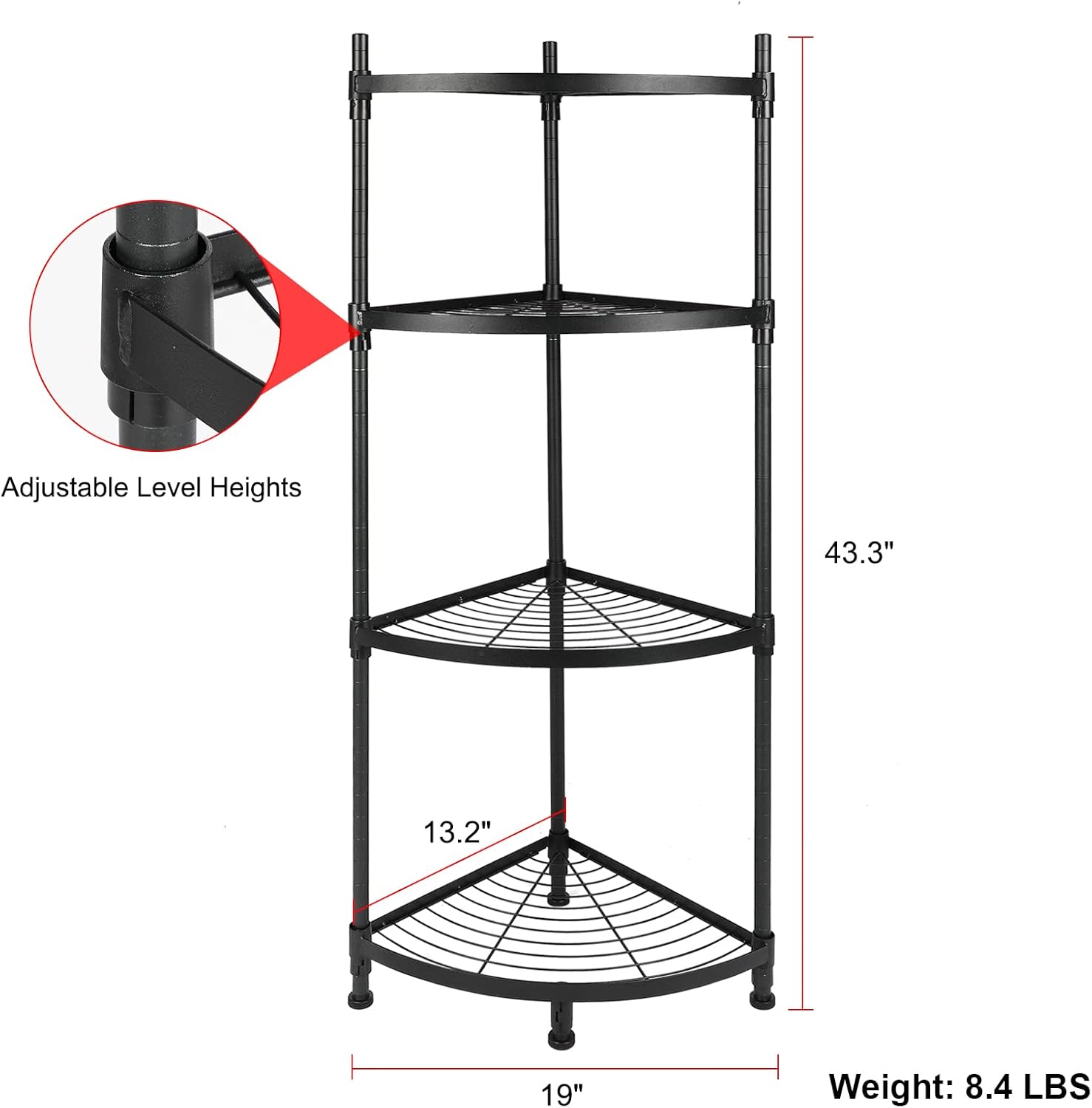 4-Tier Corner Shelving Unit, 13" D x 19" W x 43" H Metal Storage Rack Plant Stand for Living Room, Home Office, Kitchen, Small Space, Black
