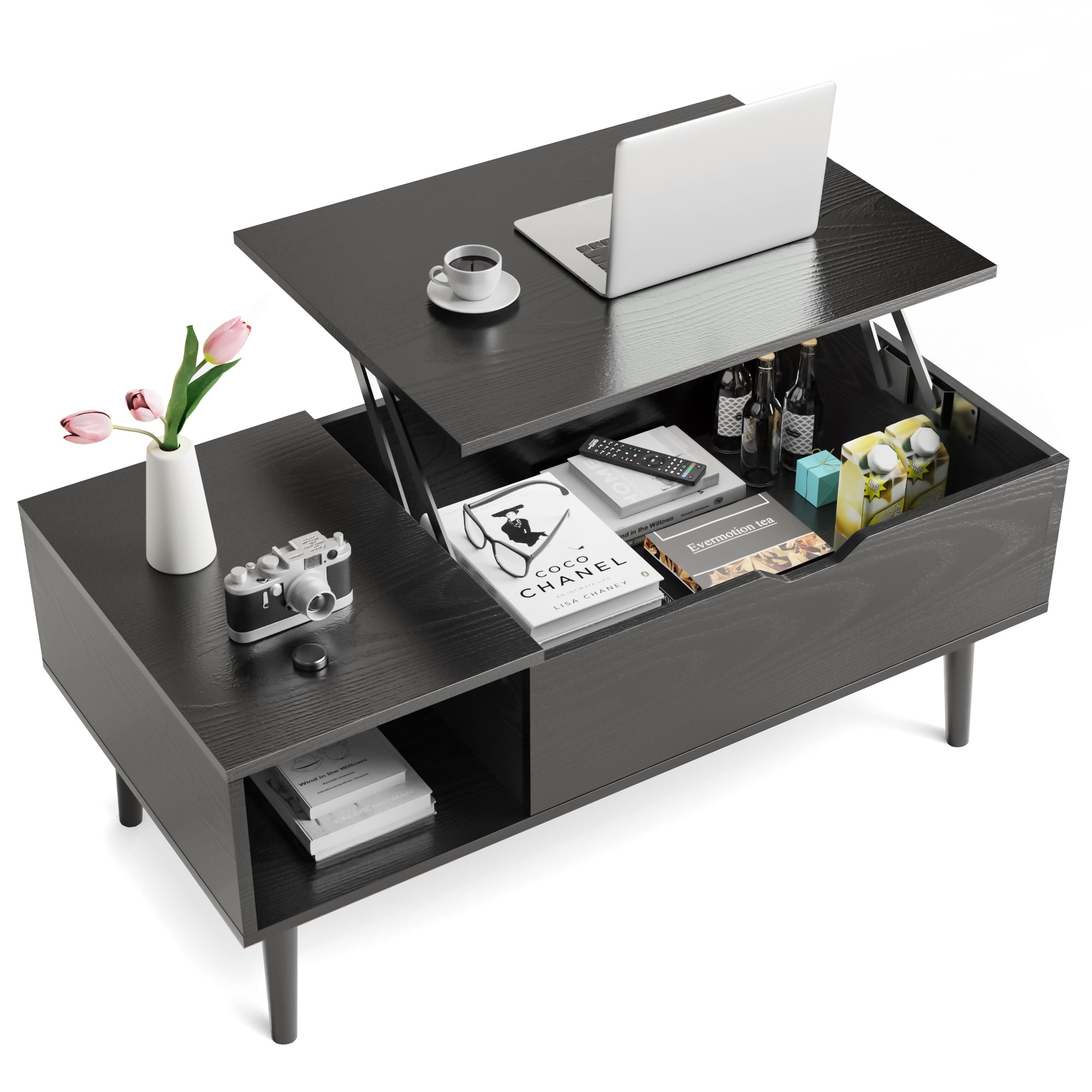 Lift Tabletop Coffee Tables for Living Room with Storage Shelf and Hidden Compartment