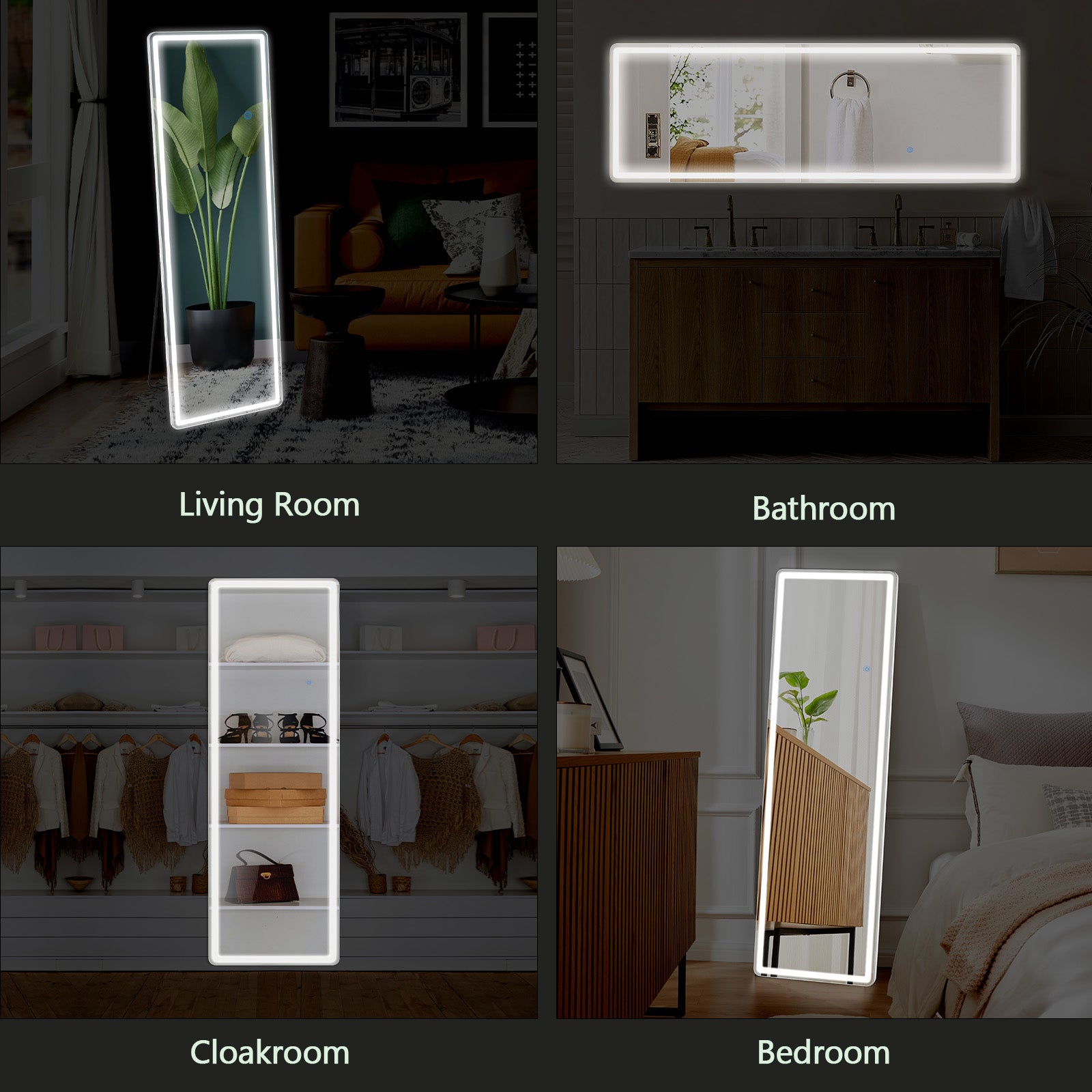 3 Color Lighting Mirror with LED Lights, 64"x21" Lighted Floor Standing Mirror with Stand, Wall Mounted Hanging