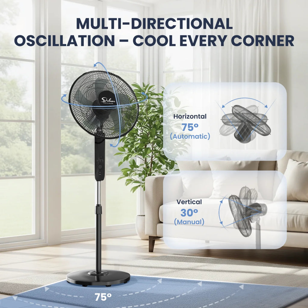 16" Pedestal Fan for Bedroom, 75° Oscillating Standing Floor Fan with 3 Speeds, Powerful 20ft/s Airflow, Adjustable Height & Tilt, Remote Control, for Home & Office