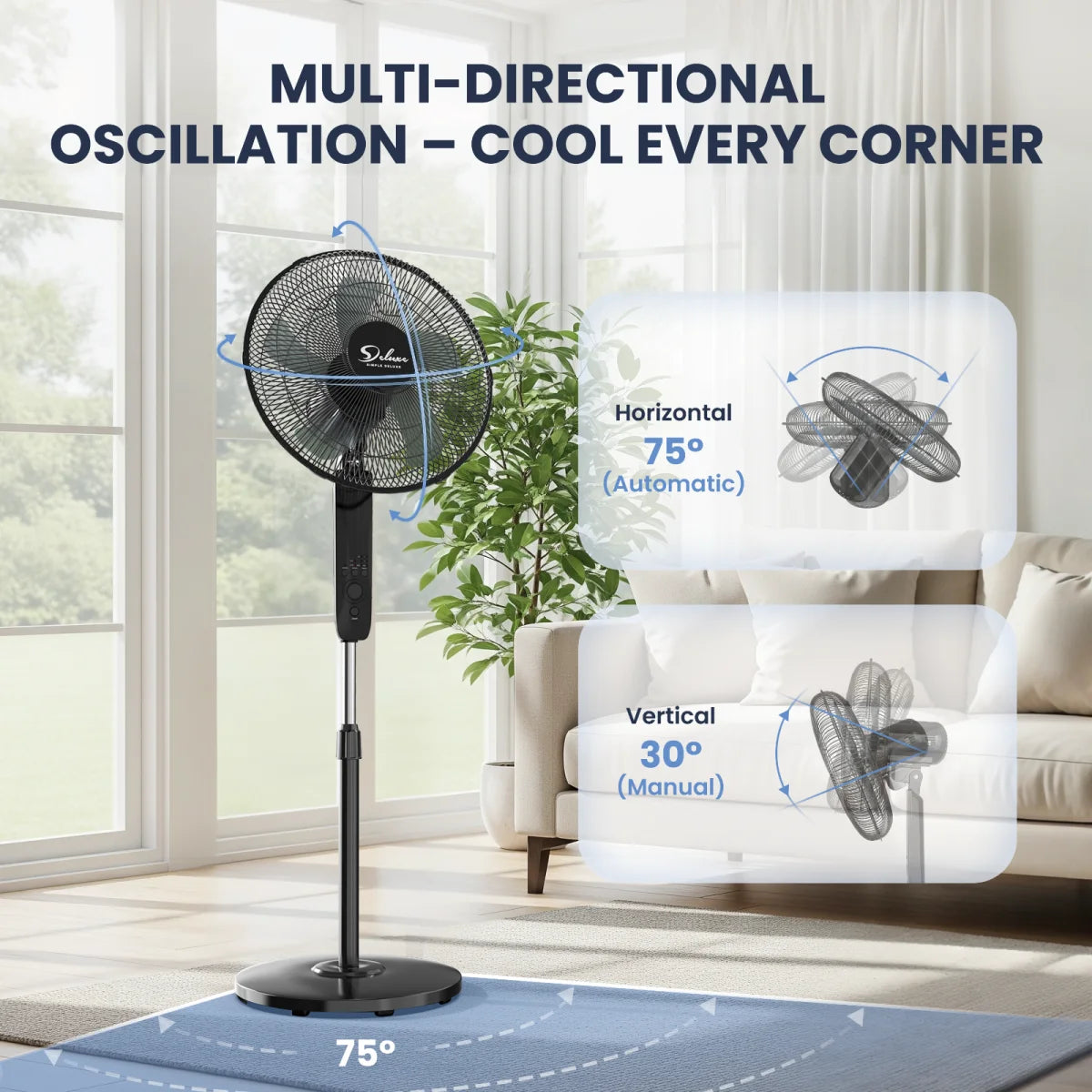 16" Pedestal Fan for Bedroom, 75° Oscillating Standing Floor Fan with 3 Speeds, Powerful 20ft/s Airflow, Adjustable Height & Tilt, Remote Control, for Home & Office
