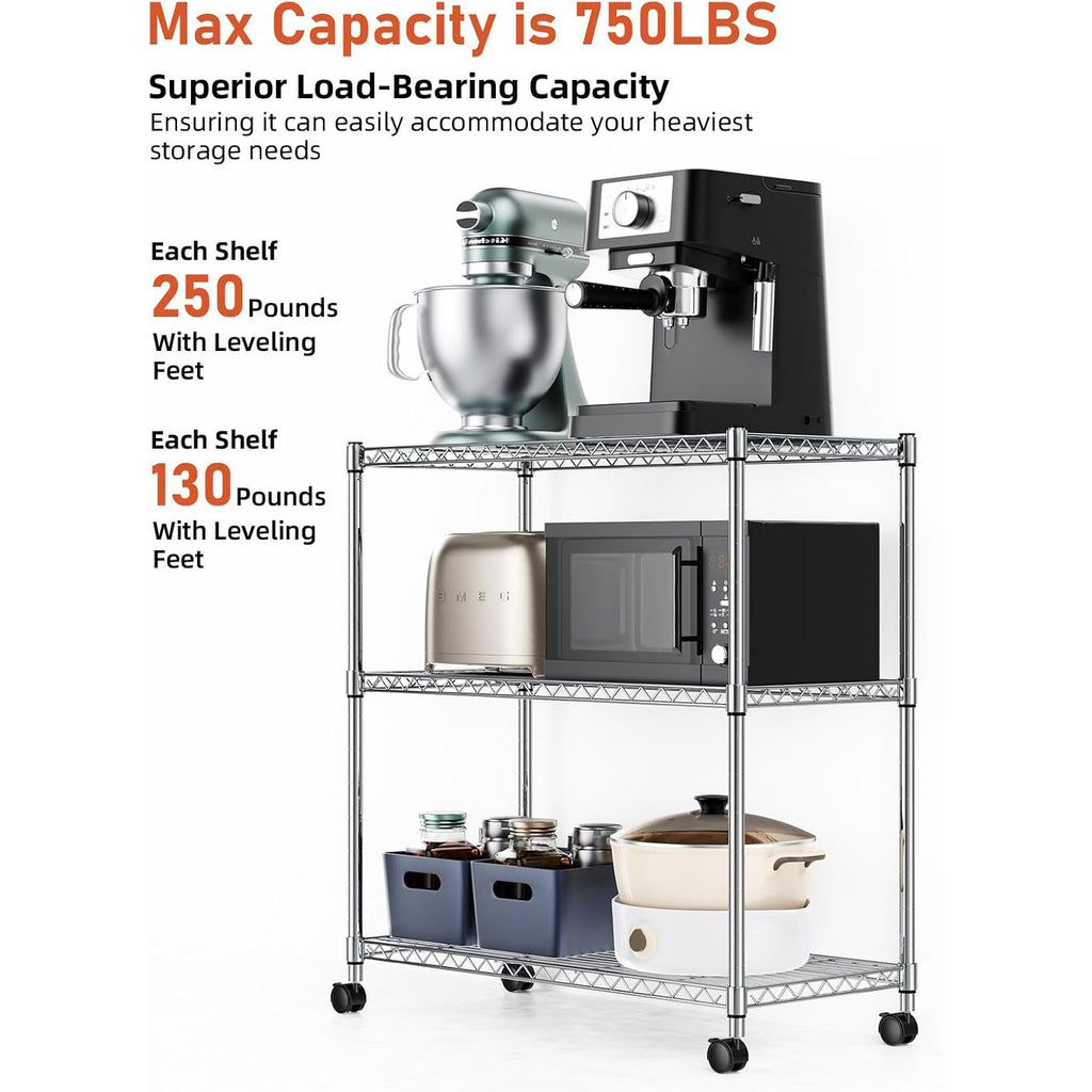 3-Tier Heavy Duty Storage Shelves 750Lb Capacity, 24.02" D x 13.78" W x 29.92" H Adjustable Shelving Unit with Wheels, Chrome