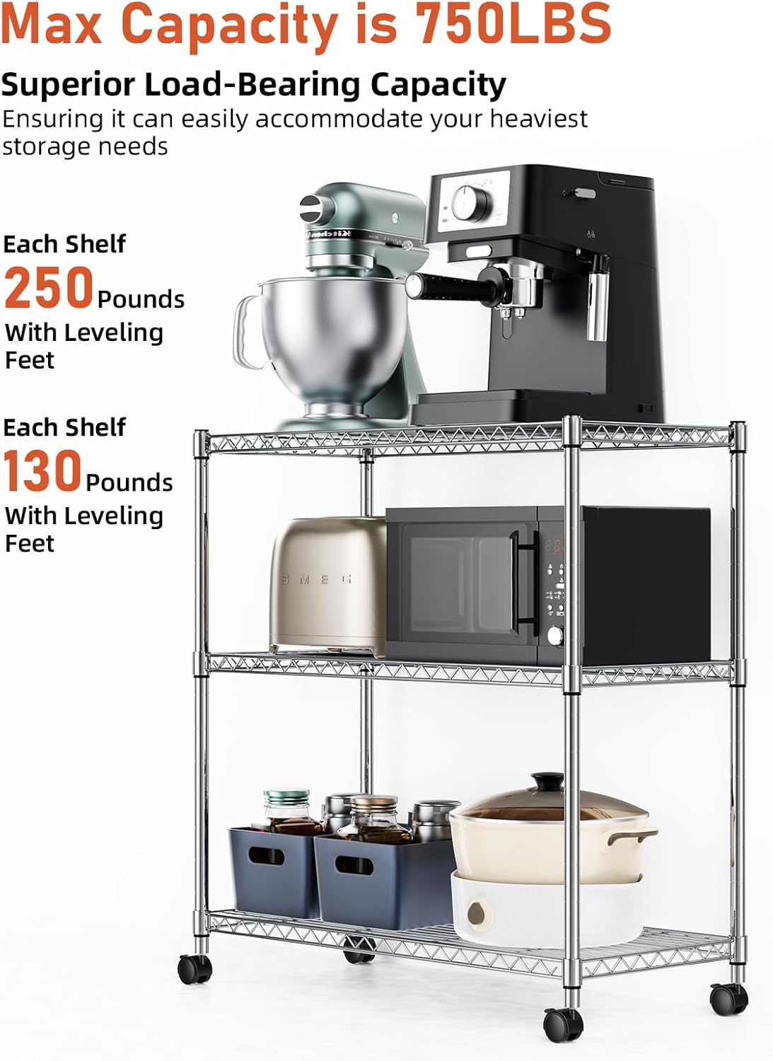 3-Tier Heavy Duty Storage Shelves 750Lb Capacity, 24.02" D x 13.78" W x 29.92" H Adjustable Shelving Unit with Wheels, Chrome