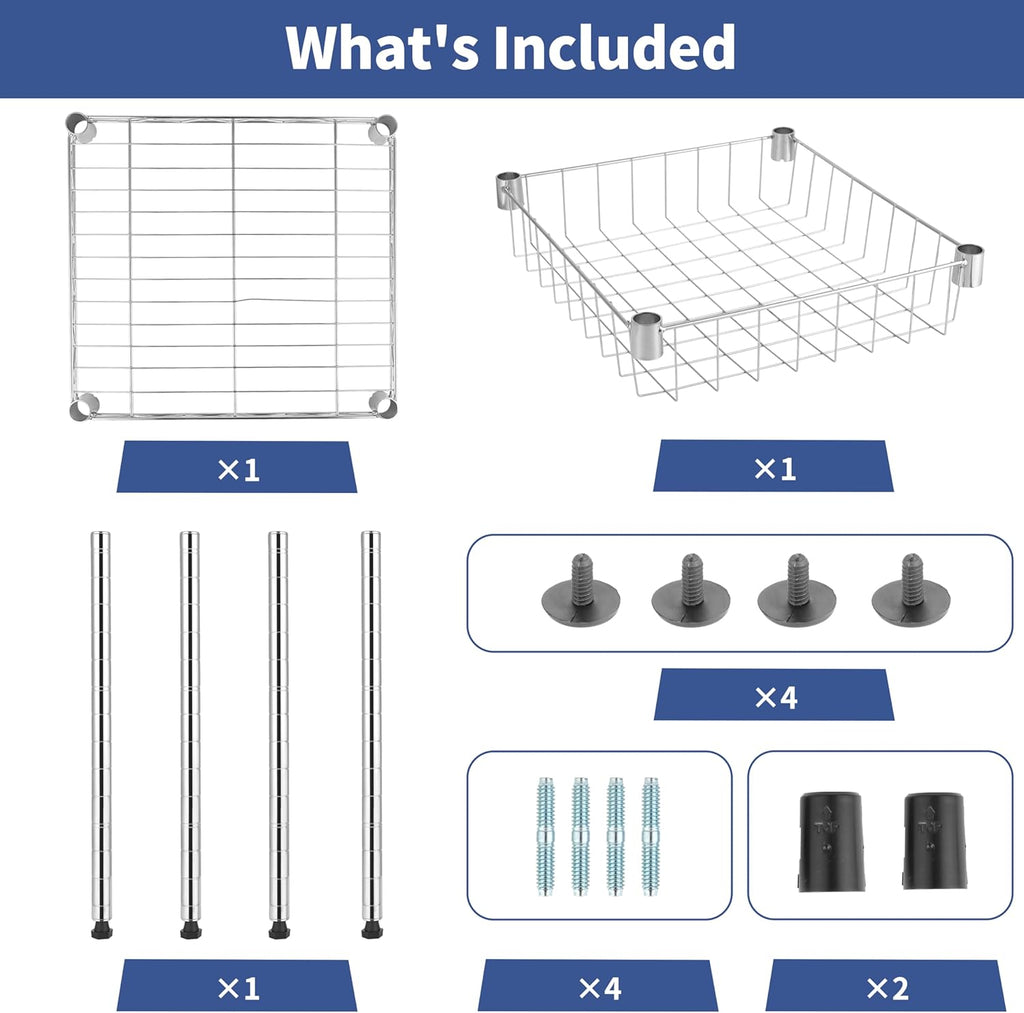 2-Tier Shelving Unit, 15" W x 13.8" D x 15" H Wire Metal Stackable Storage with Basket, Chrome