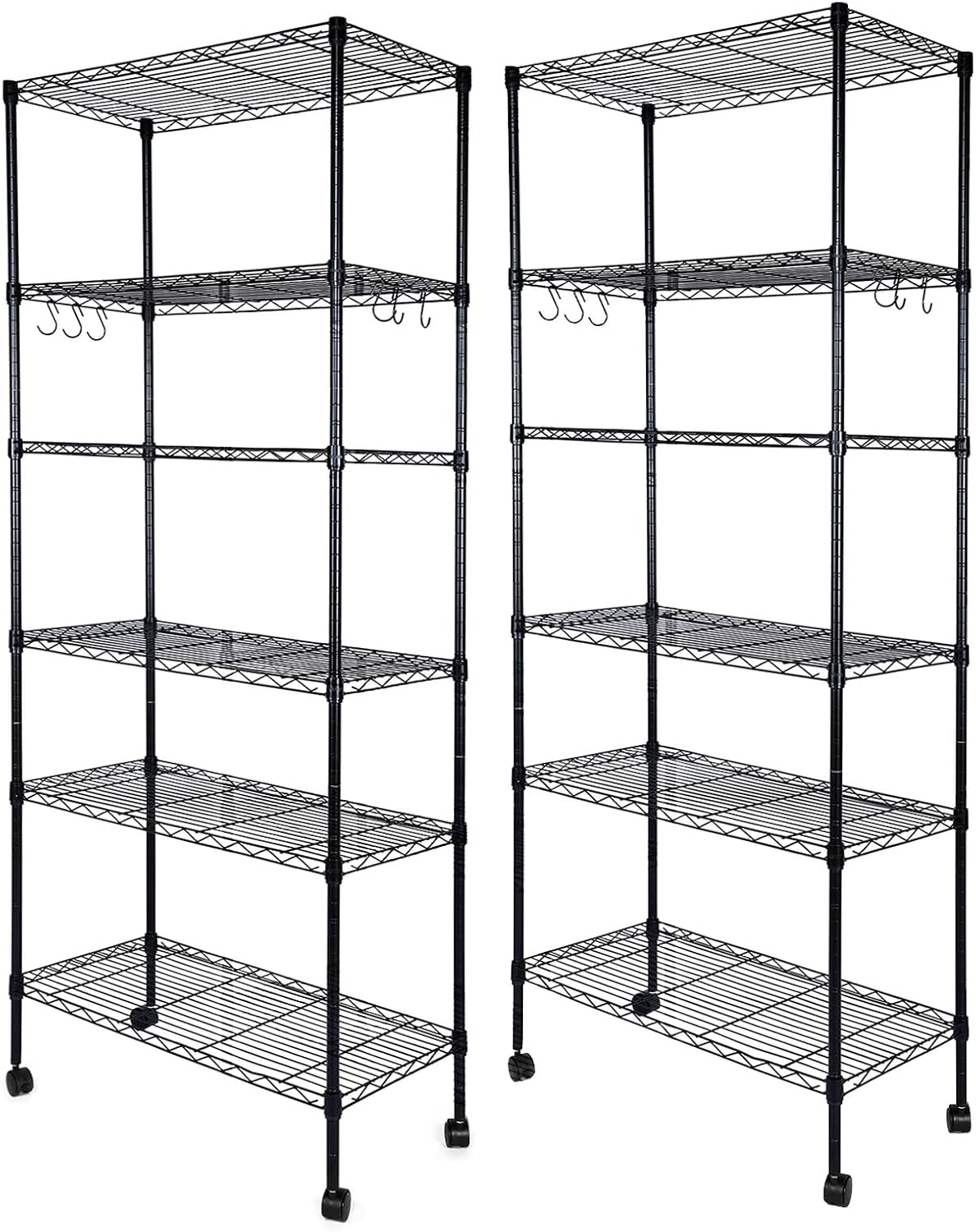 Heavy Duty 6-Shelf Shelving, 29.92'' D x 13.98'' W x 71.65'' H Adjustable Wire Shelving with Hanging Hooks and Wheels, Black