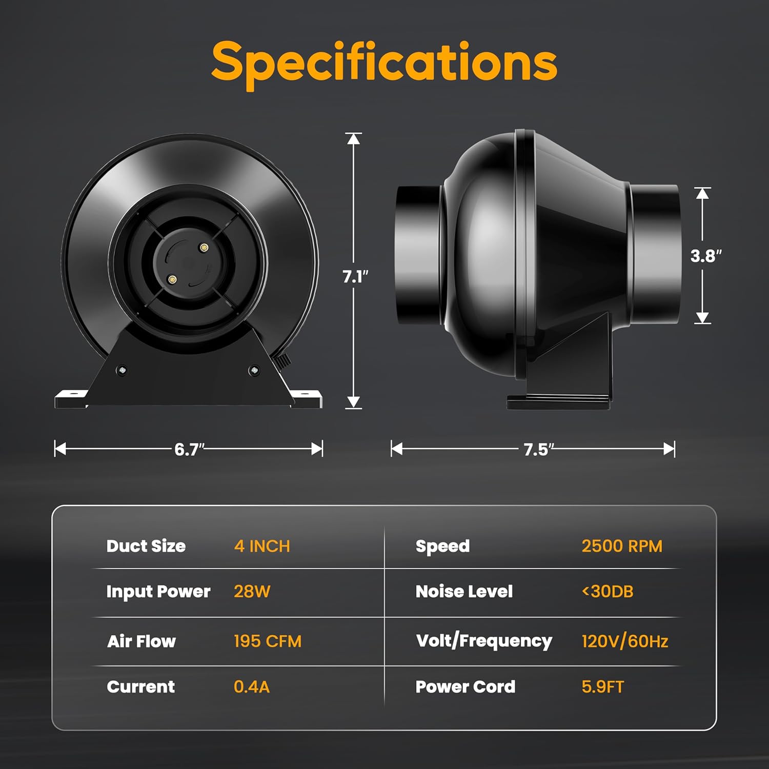 4 Inch 195 CFM Ventilation System Fan, Air Carbon Filter and 8 FT Ducting for HVAC Heating Cooling