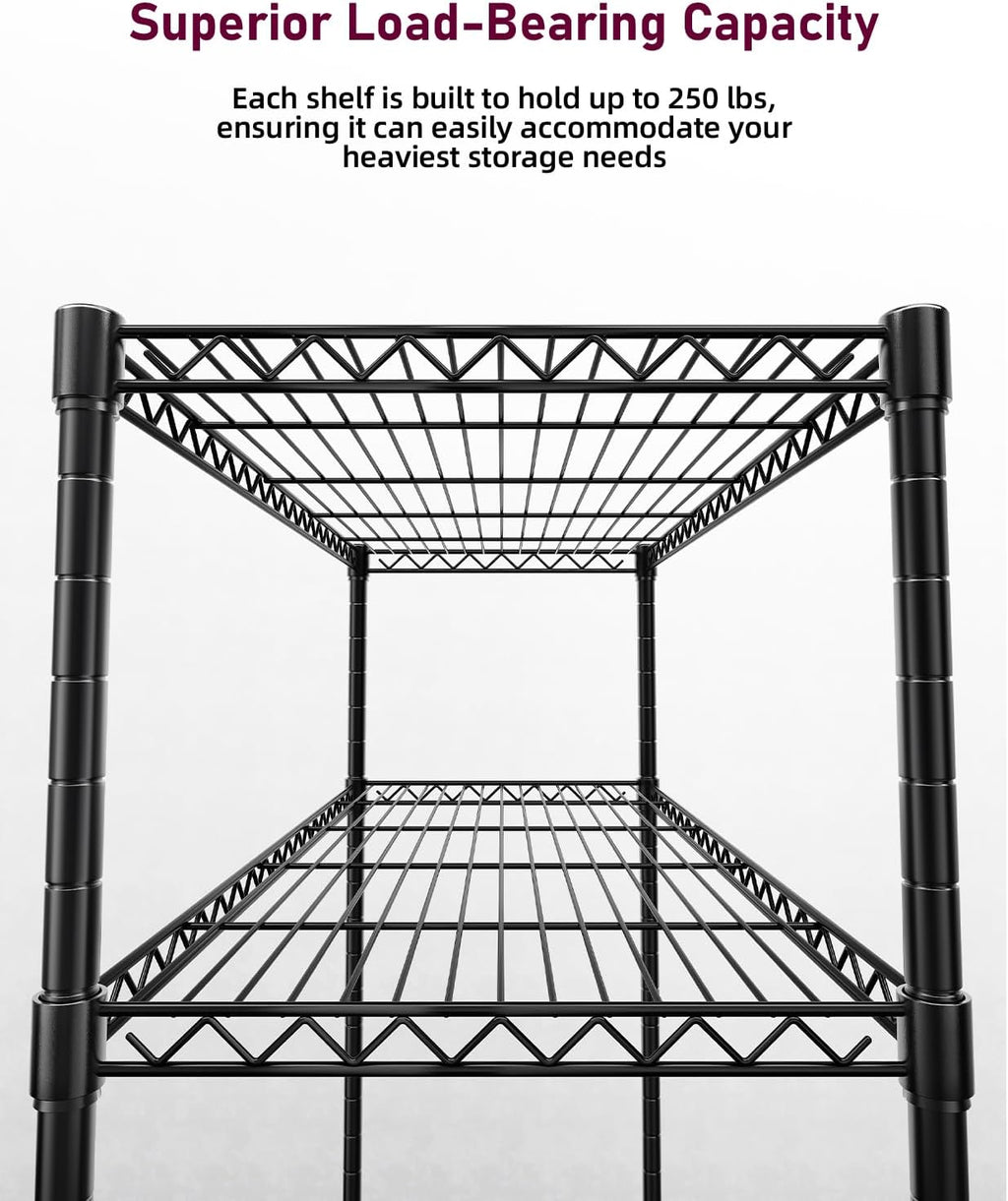 Heavy Duty 5-Shelf Storage Shelving Unit, 1250lbs Loading Capacity, 29.92" D x 13.98" W x 62.99" H Adjustable Steel Organizer Wire Rack, Black