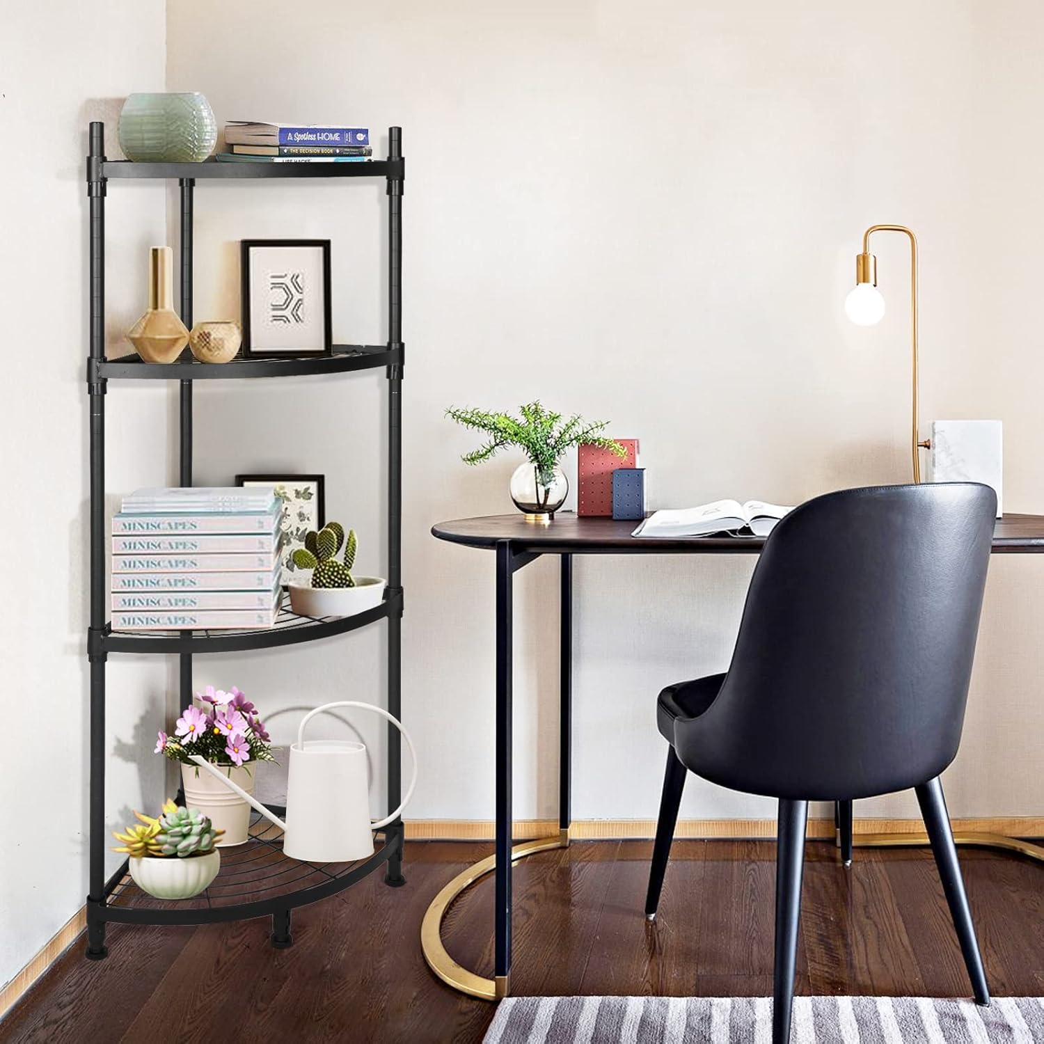 4-Tier Corner Shelving Unit, 13" D x 19" W x 43" H Metal Storage Rack Plant Stand for Living Room, Home Office, Kitchen, Small Space, Black