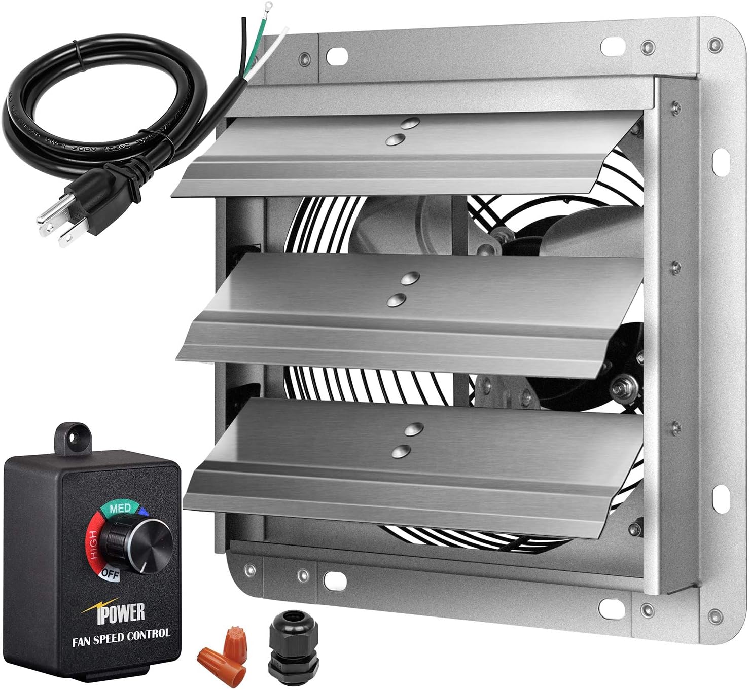12 Inch Variable Shutter Exhaust Fan with Speed Controller and Power Cord Kit, 1620RPM, 1800CFM, Silver