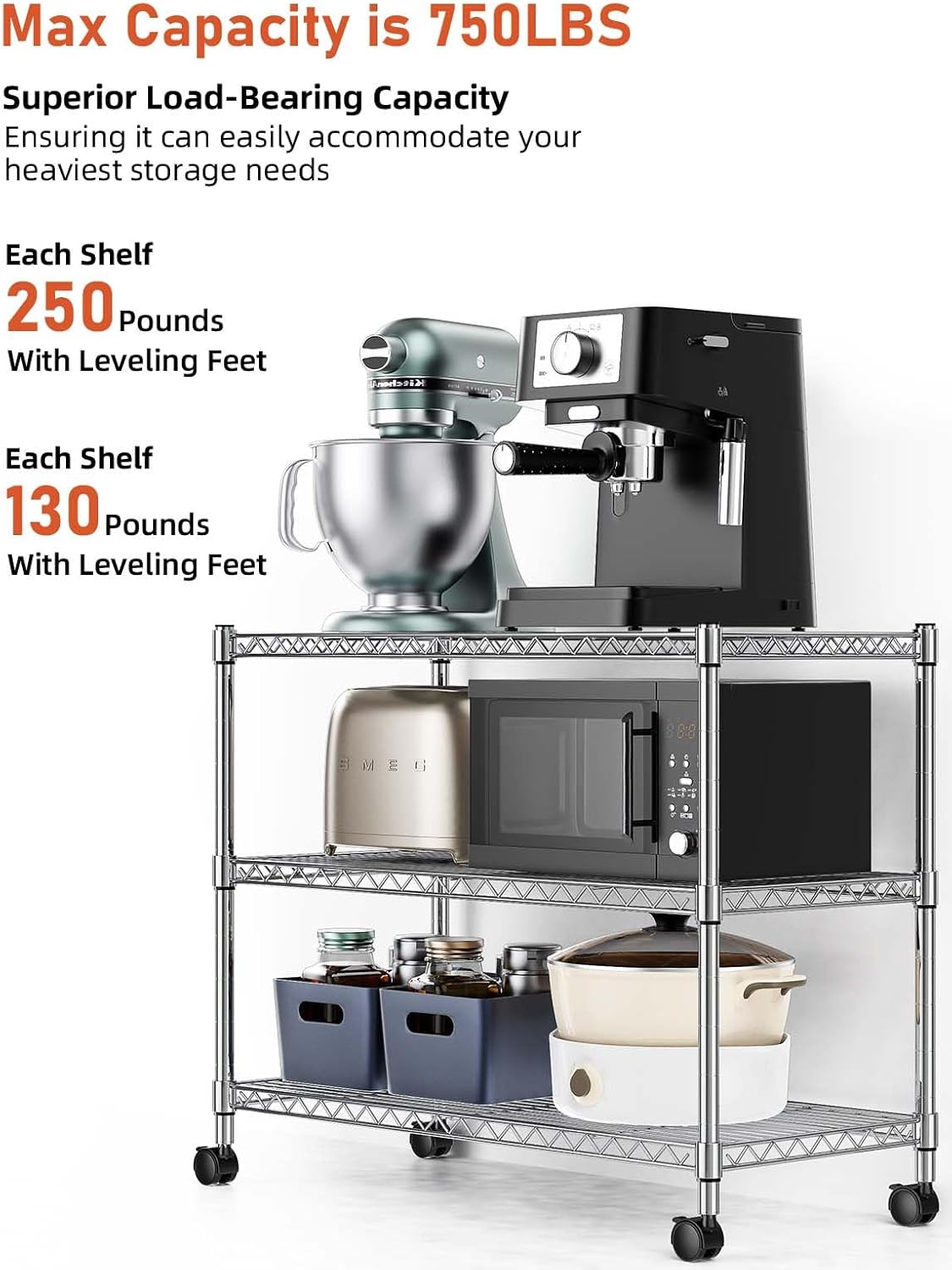 3-Tier Heavy Duty Storage Shelves 750Lb Capacity, 24.02" D x 13.78" W x 21.97" H Shelving Unit for Pantry, Garage, Laundry and Kitchen, Chrome