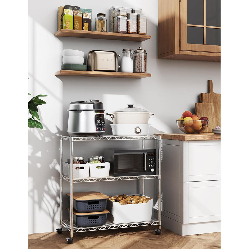 3-Tier Heavy Duty Storage Shelves 750Lb Capacity, 24.02" D x 13.78" W x 29.92" H Adjustable Shelving Unit with Wheels, Chrome