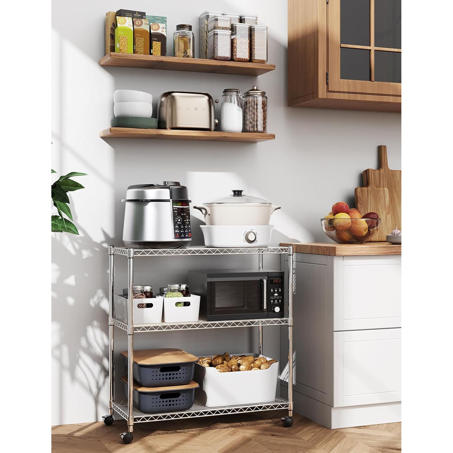3-Tier Heavy Duty Storage Shelves 750Lb Capacity, 24.02" D x 13.78" W x 29.92" H Adjustable Shelving Unit with Wheels, Chrome