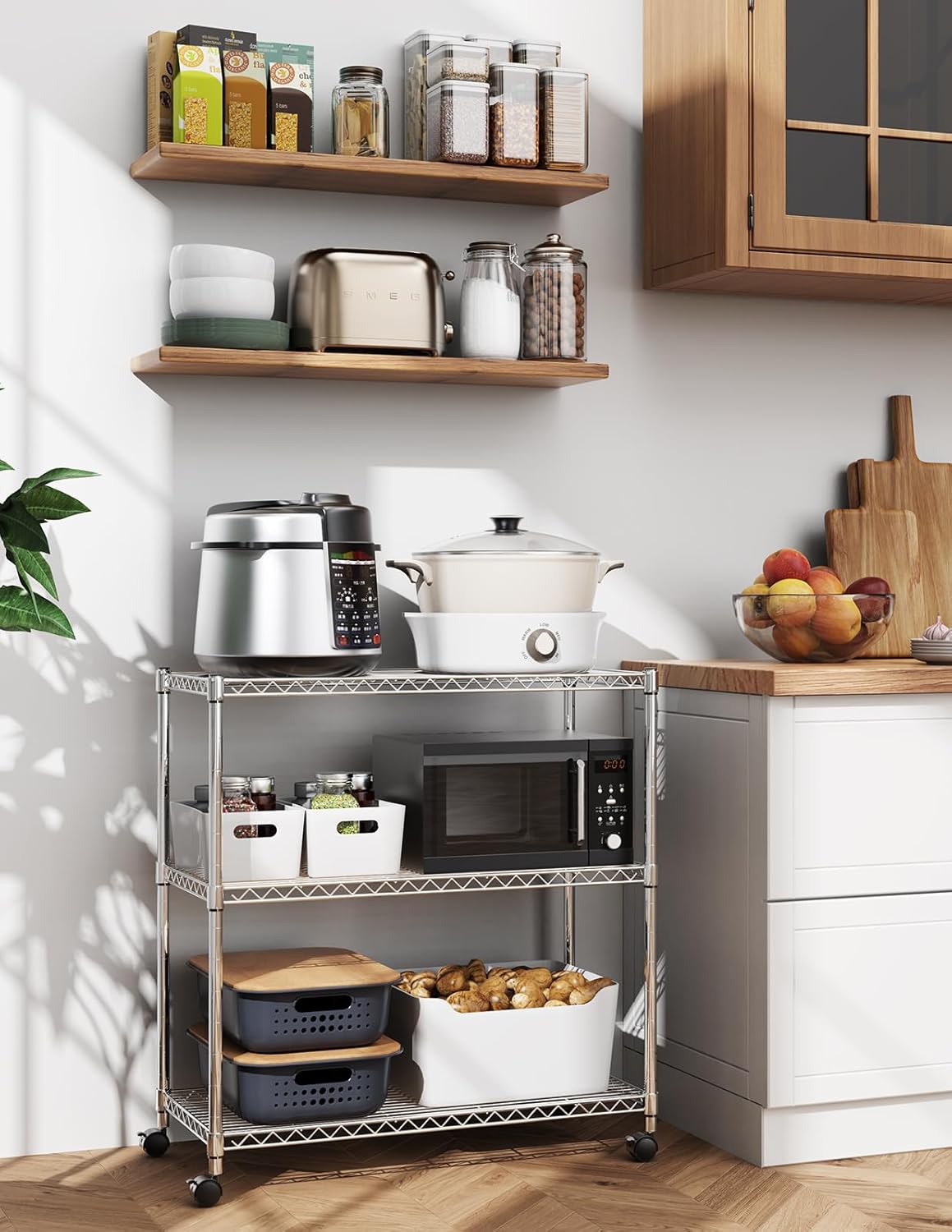 3-Tier Heavy Duty Storage Shelves 750Lb Capacity, 24.02" D x 13.78" W x 29.92" H Adjustable Shelving Unit with Wheels, Chrome