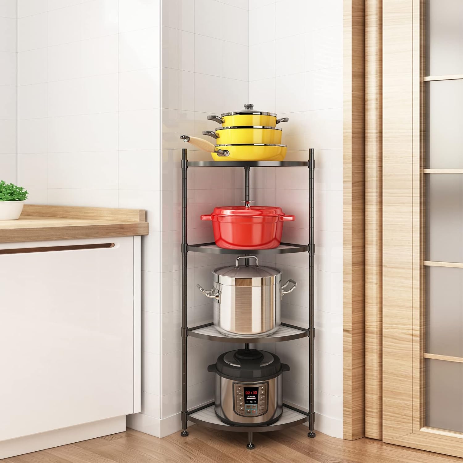 4-Tier Corner Shelving Unit, 13" D x 19" W x 43" H Metal Storage Rack Plant Stand for Living Room, Home Office, Kitchen, Small Space, Black