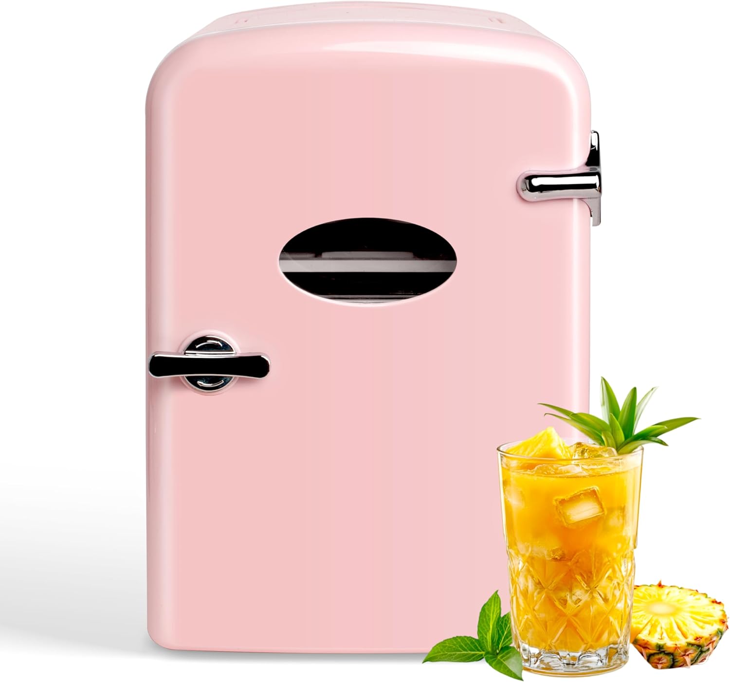 YSSOA Mini Fridge Personal Beauty Refrigerator, Freon-Free, Includes Plugs for Home Outlet & DC Charger, Dorm Room, 6 Can, 4L with Window, Pink