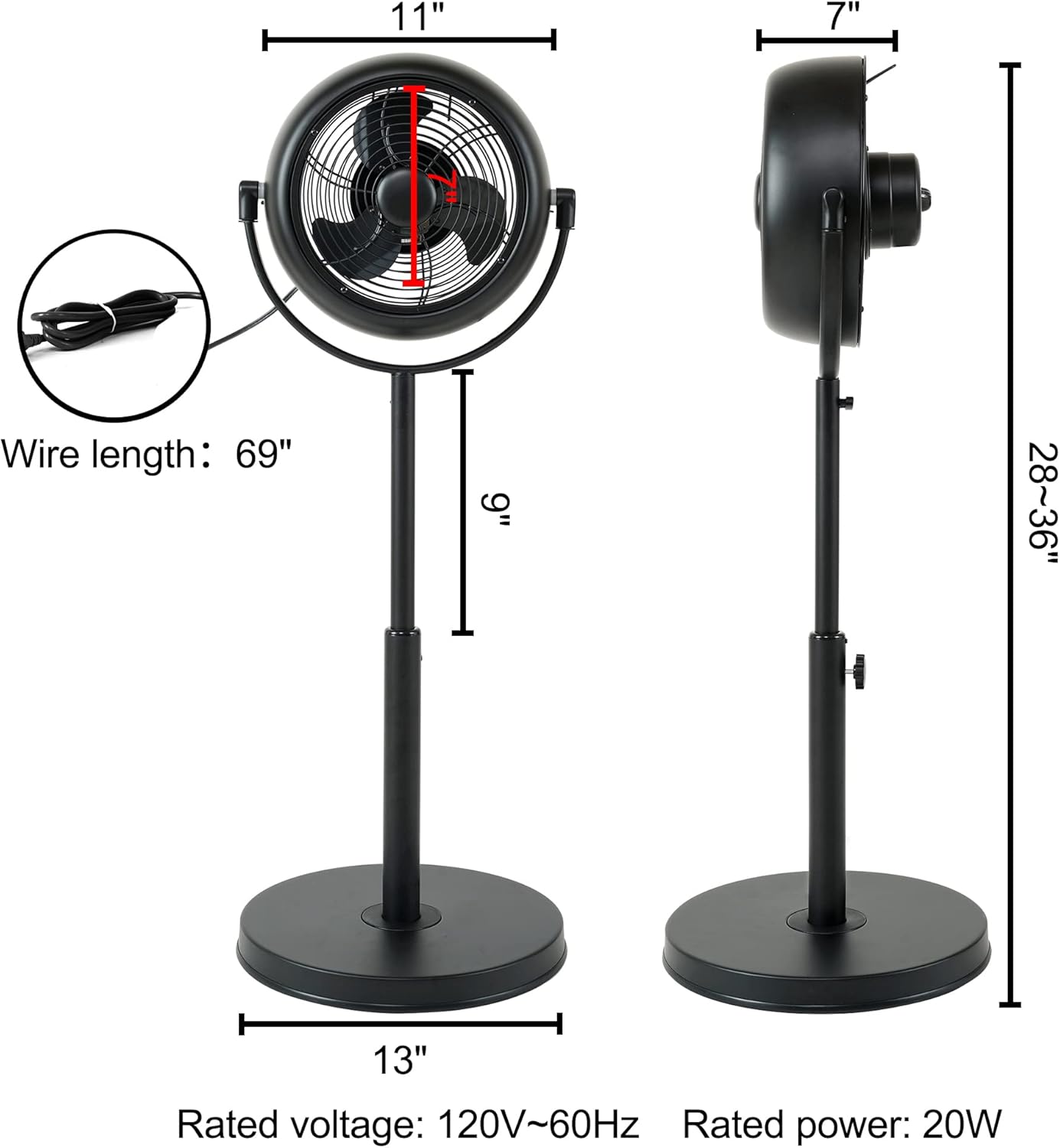 Industrial Retro Pedestal Fan, 360° Rotatable Stand Fan, 3 Speed Adjustable, Adjustable Height Pedestal Stand Fan