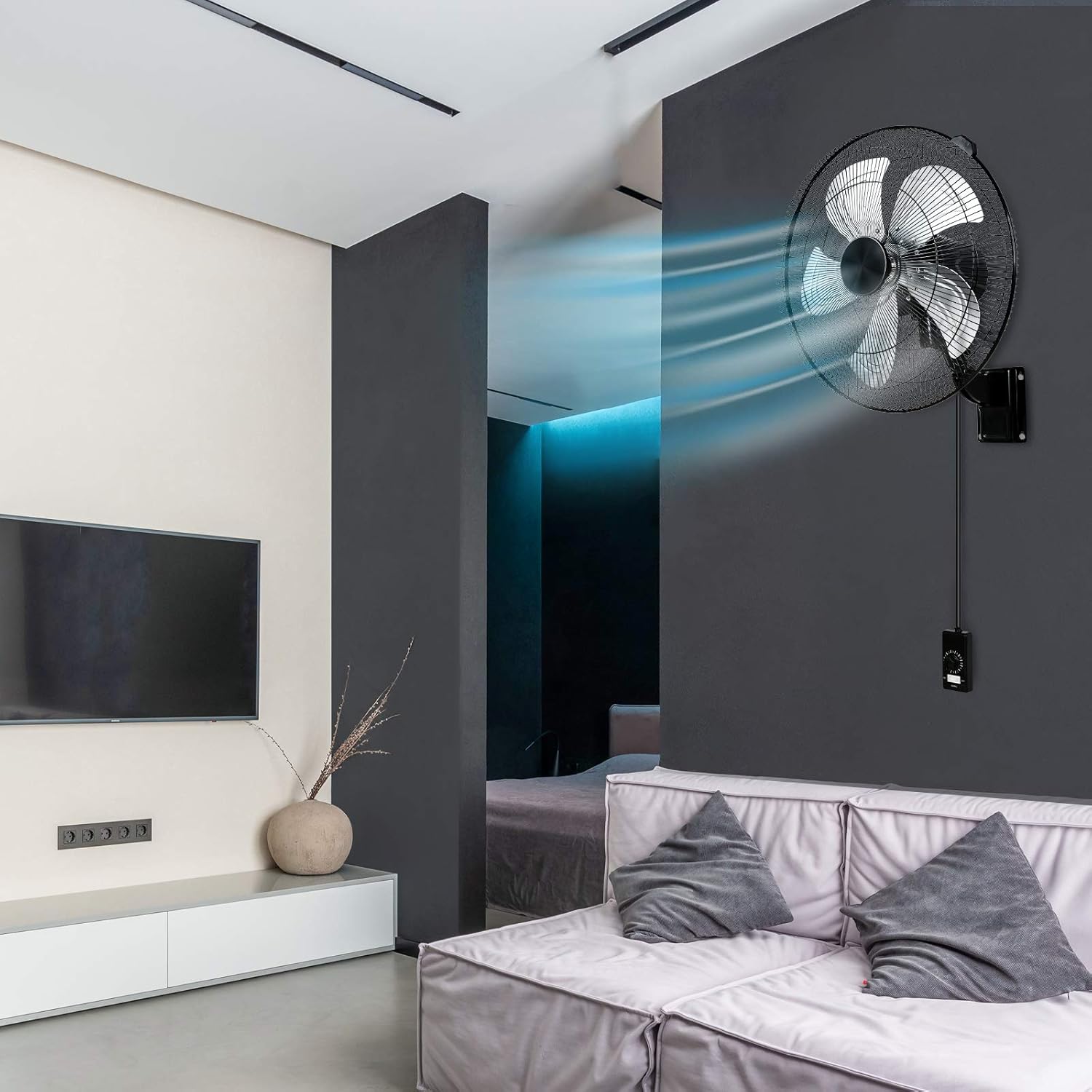 18 Inch Metal Wall Mount Fan, 90-Degree Oscillation, 5 Speed Adjustment