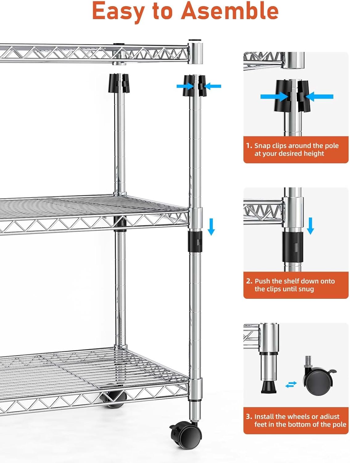 3-Tier Heavy Duty Storage Shelves 750Lb Capacity, 24.02" D x 13.78" W x 21.97" H Shelving Unit for Pantry, Garage, Laundry and Kitchen, Chrome