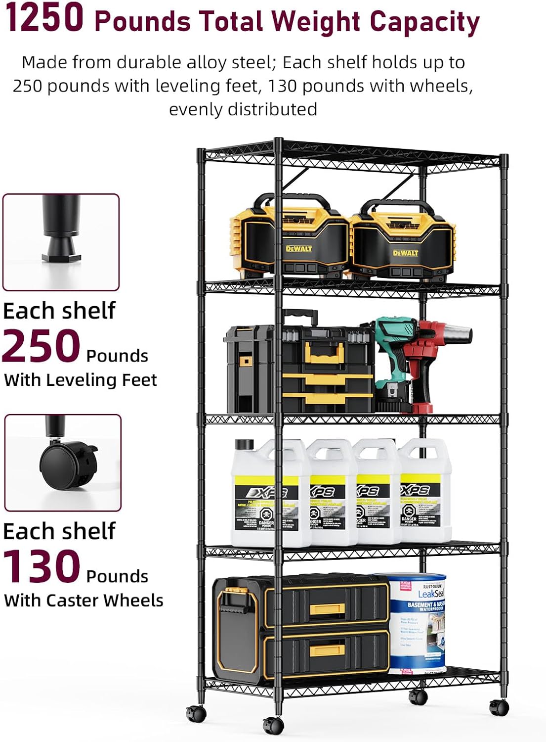 Heavy Duty 5-Shelf Storage Shelving Unit, 1250lbs Loading Capacity, 29.92" D x 13.98" W x 62.99" H Adjustable Steel Organizer Wire Rack, Black