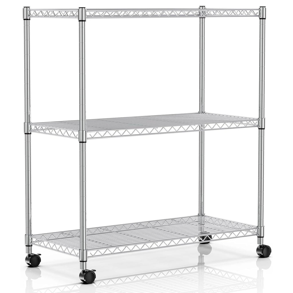 3-Tier Heavy Duty Storage Shelves 750Lb Capacity, 24.02" D x 13.78" W x 29.92" H Adjustable Shelving Unit with Wheels, Chrome