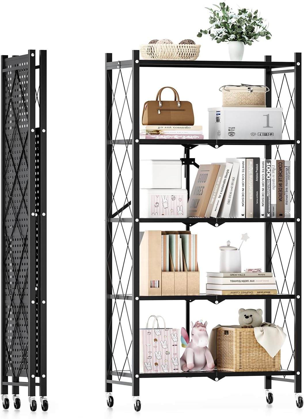 5-Tier Folding Storage Shelves, 27.95" W x 14.96" D x 63.78" H Foldable Shelving Unit, 1250 Lbs Loading Capacity, Black