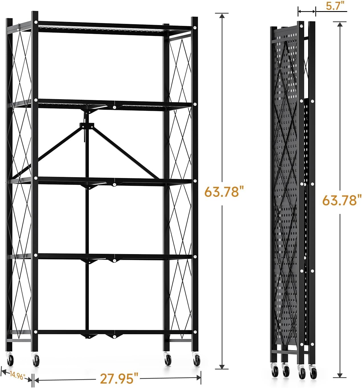 5-Tier Folding Storage Shelves, 27.95" W x 14.96" D x 63.78" H Foldable Shelving Unit, 1250 Lbs Loading Capacity, Black