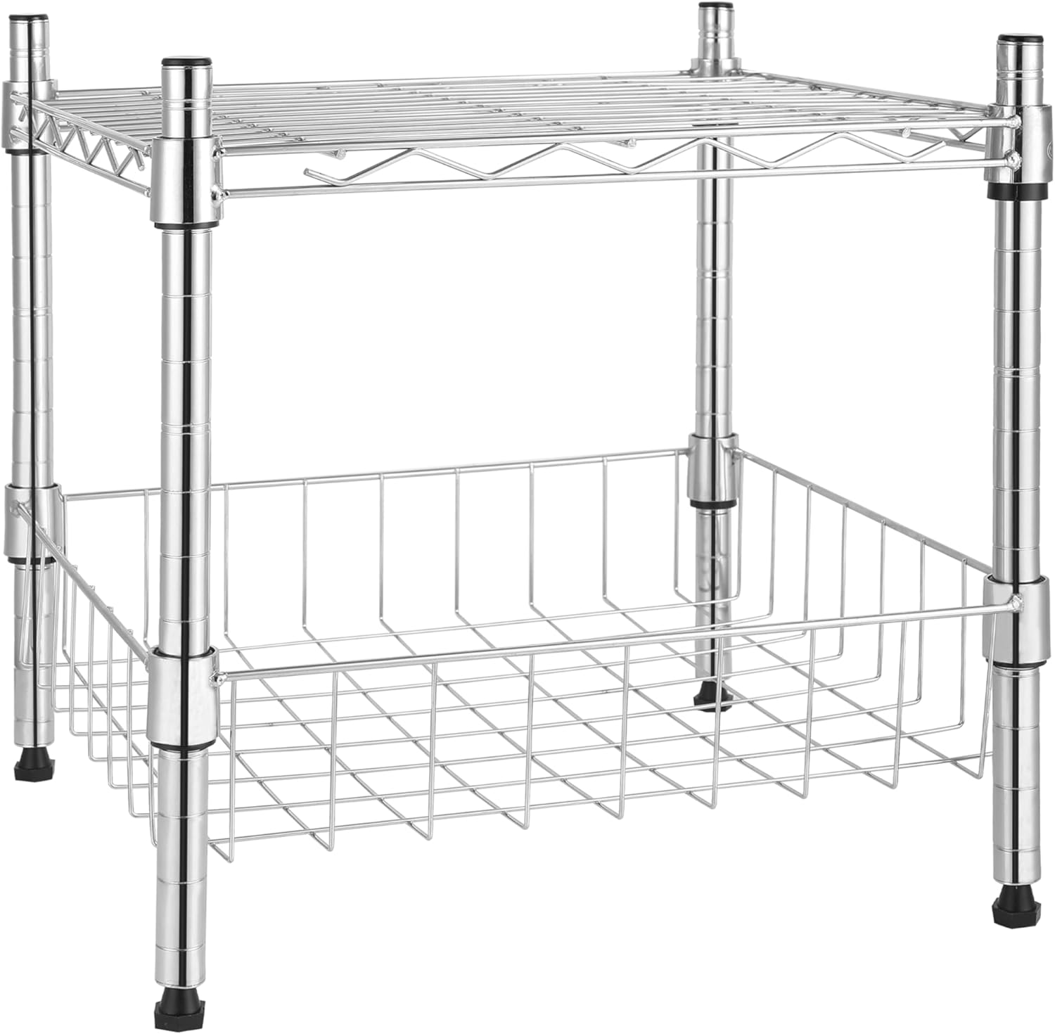 2-Tier Shelving Unit, 15" W x 13.8" D x 15" H Wire Metal Stackable Storage with Basket, Chrome