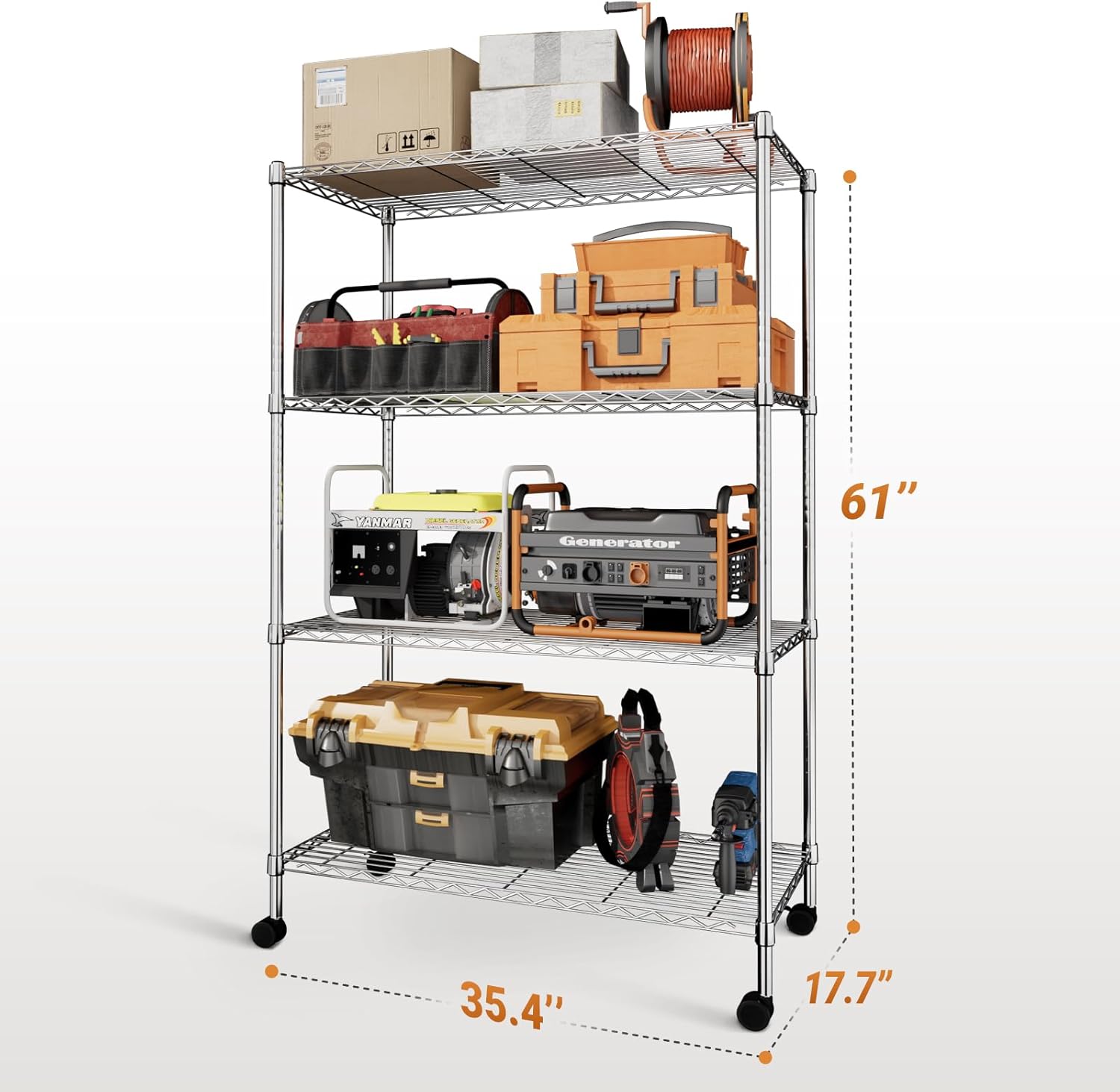 Heavy Duty Storage Shelves, Large Loading Capacity, Adjustable Shelving Unit with Wheels, Chrome