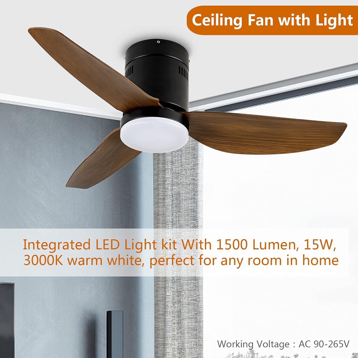 Ceiling Fans with Lights and Remote, Outdoor Ceiling Fans for Patios with Light, Easy to Install Ceiling Fan with Reversible Motor and Wooden Blade for All Seasons