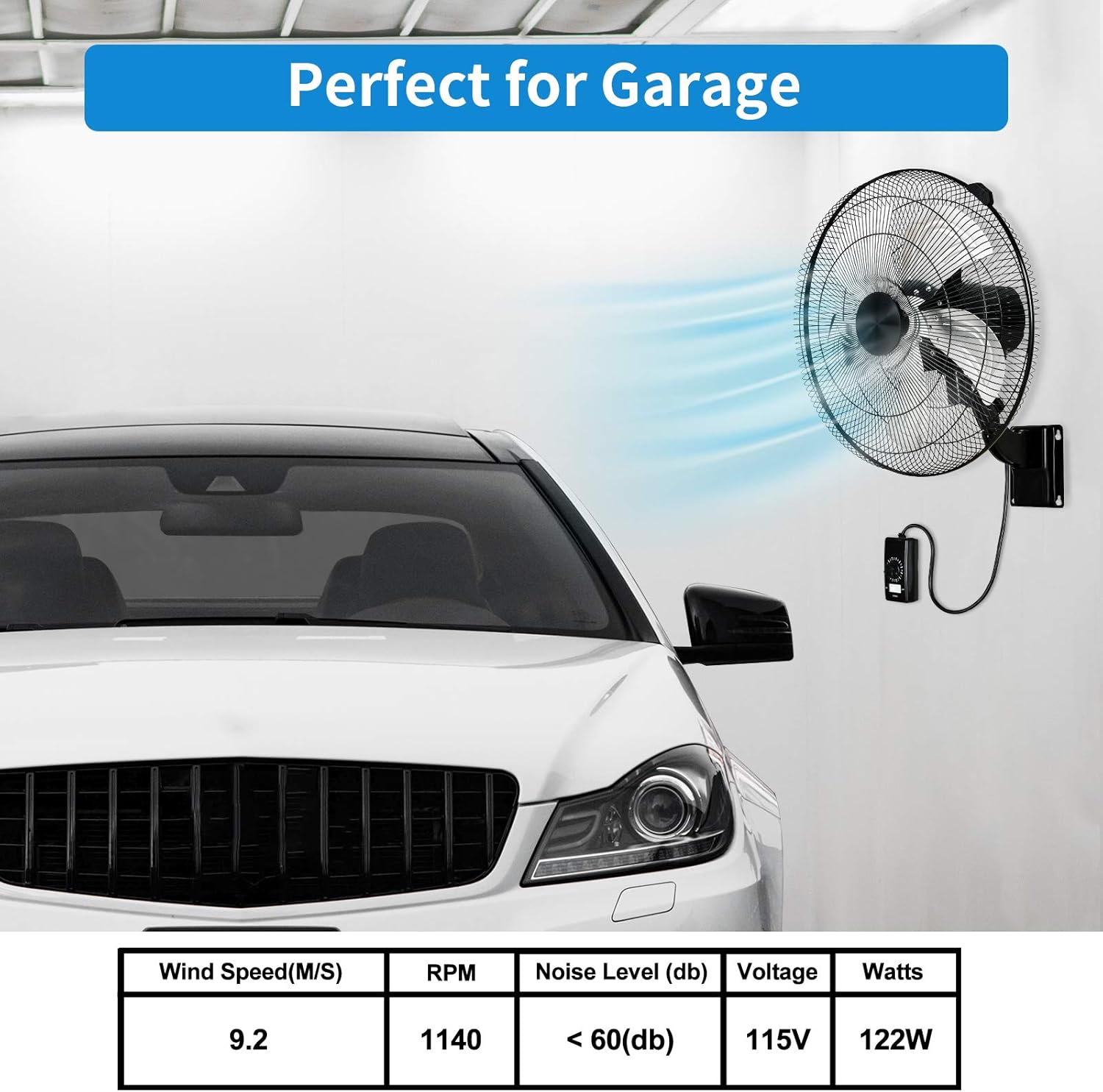 18 Inch Metal Wall Mount Fan, 90-Degree Oscillation, 5 Speed Adjustment