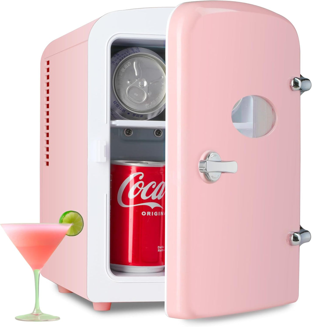 YSSOA Mini Fridge Personal Beauty Refrigerator, Freon-Free, Includes Plugs for Home Outlet & DC Charger, Dorm Room, 6 Can, 4L with Window, Pink