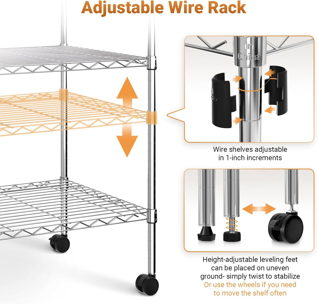Heavy Duty Storage Shelves, Large Loading Capacity, Adjustable Shelving Unit with Wheels, Chrome