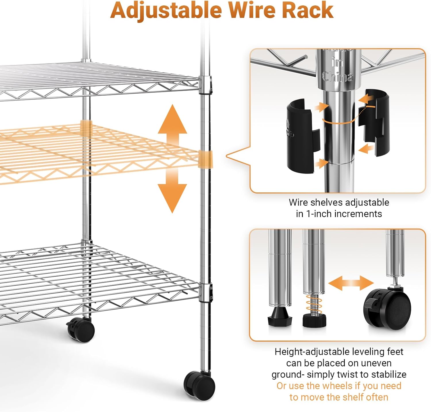 Heavy Duty Storage Shelves, Large Loading Capacity, Adjustable Shelving Unit with Wheels, Chrome