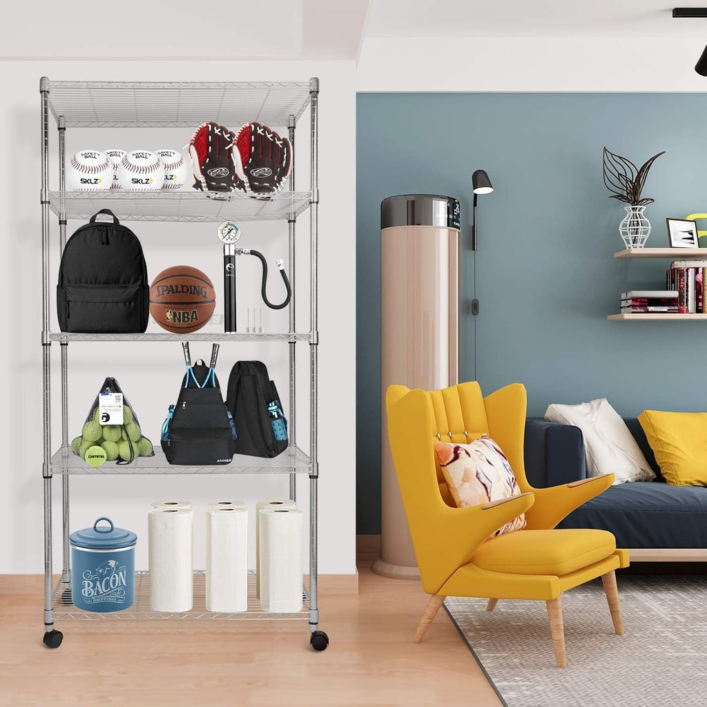 Heavy Duty 5-Tier Storage Shelving Unit, 35.83" W x 13.98" D x 61.02" H, 1250 Lbs Loading Capacity, Chrome
