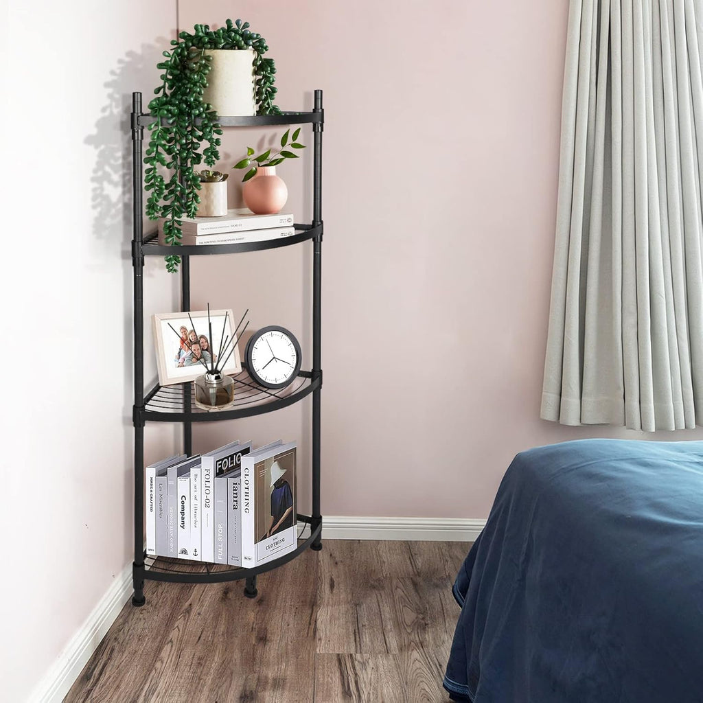 4-Tier Corner Shelving Unit, 13" D x 19" W x 43" H Metal Storage Rack Plant Stand for Living Room, Home Office, Kitchen, Small Space, Black