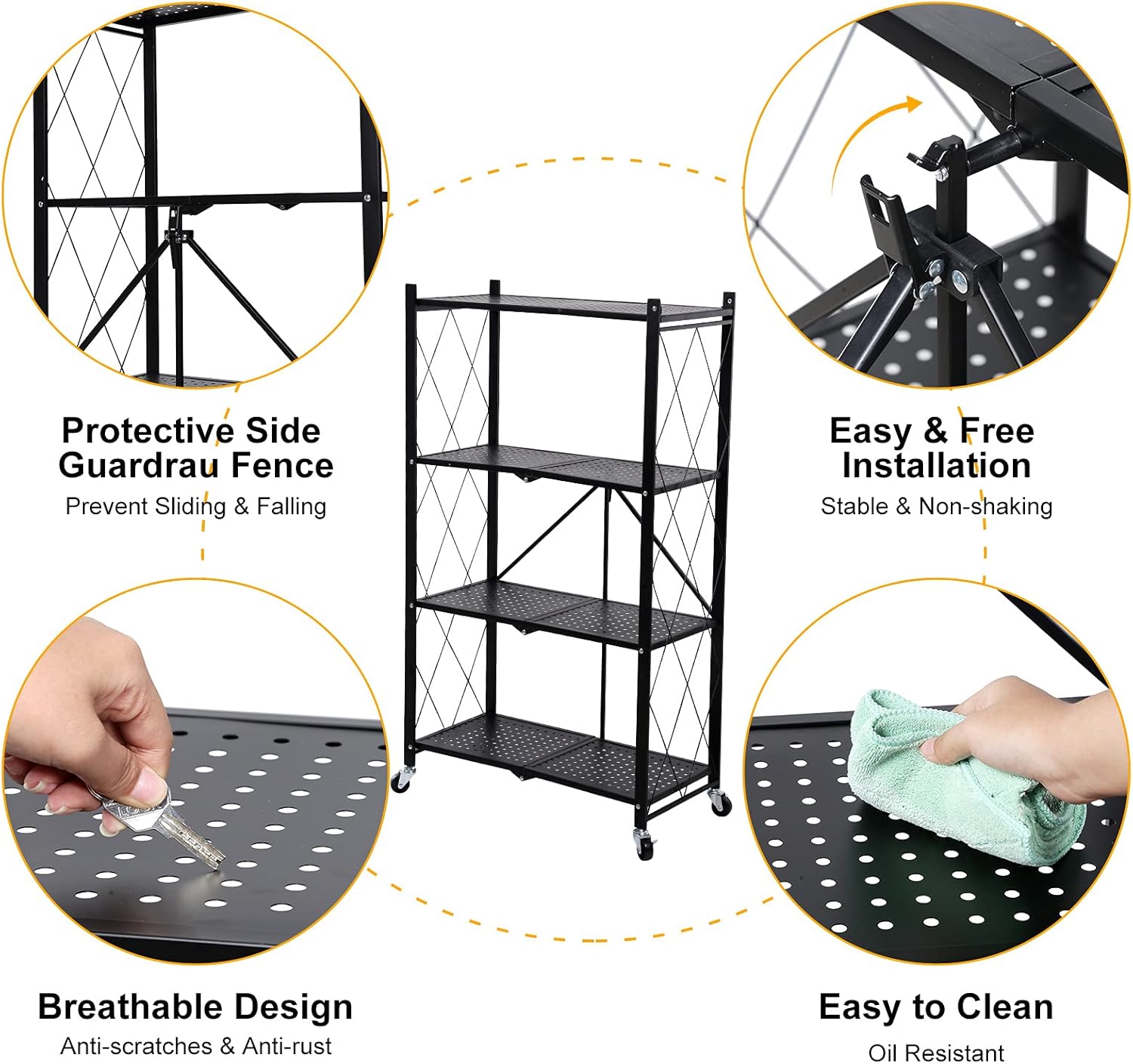 Heavy Duty Foldable Metal Rack Storage Shelving Unit with Wheels Moving Easily Organizer Shelves Great for Garage Kitchen, Black