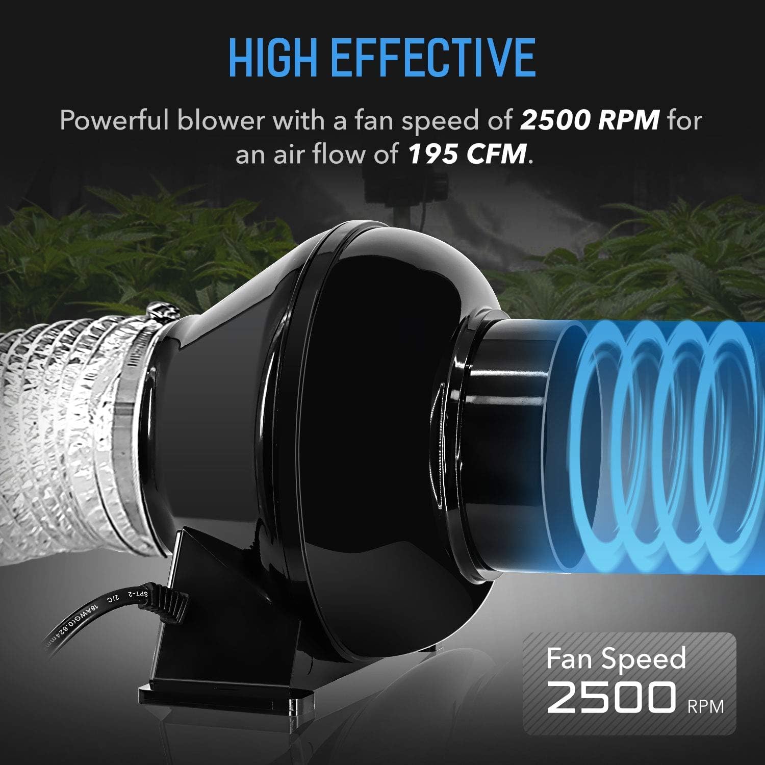 4 Inch 195 CFM Inline Duct Ventilation Fan with Variable Speed Controller, Air Circulation Vent Blower for Hydroponics Grow Tent and Greenhouse Use, Black