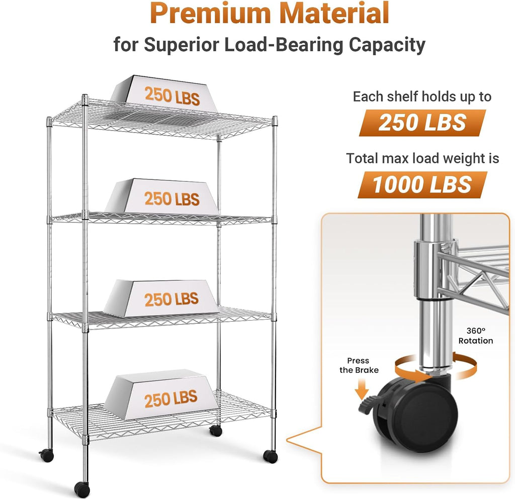 Heavy Duty Storage Shelves, Large Loading Capacity, Adjustable Shelving Unit with Wheels, Chrome