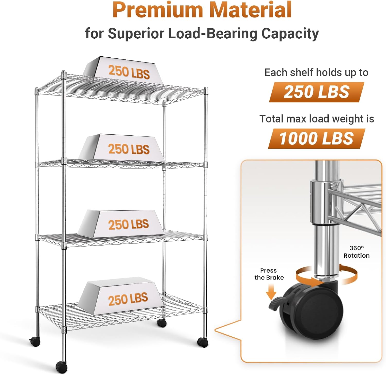 Heavy Duty Storage Shelves, Large Loading Capacity, Adjustable Shelving Unit with Wheels, Chrome