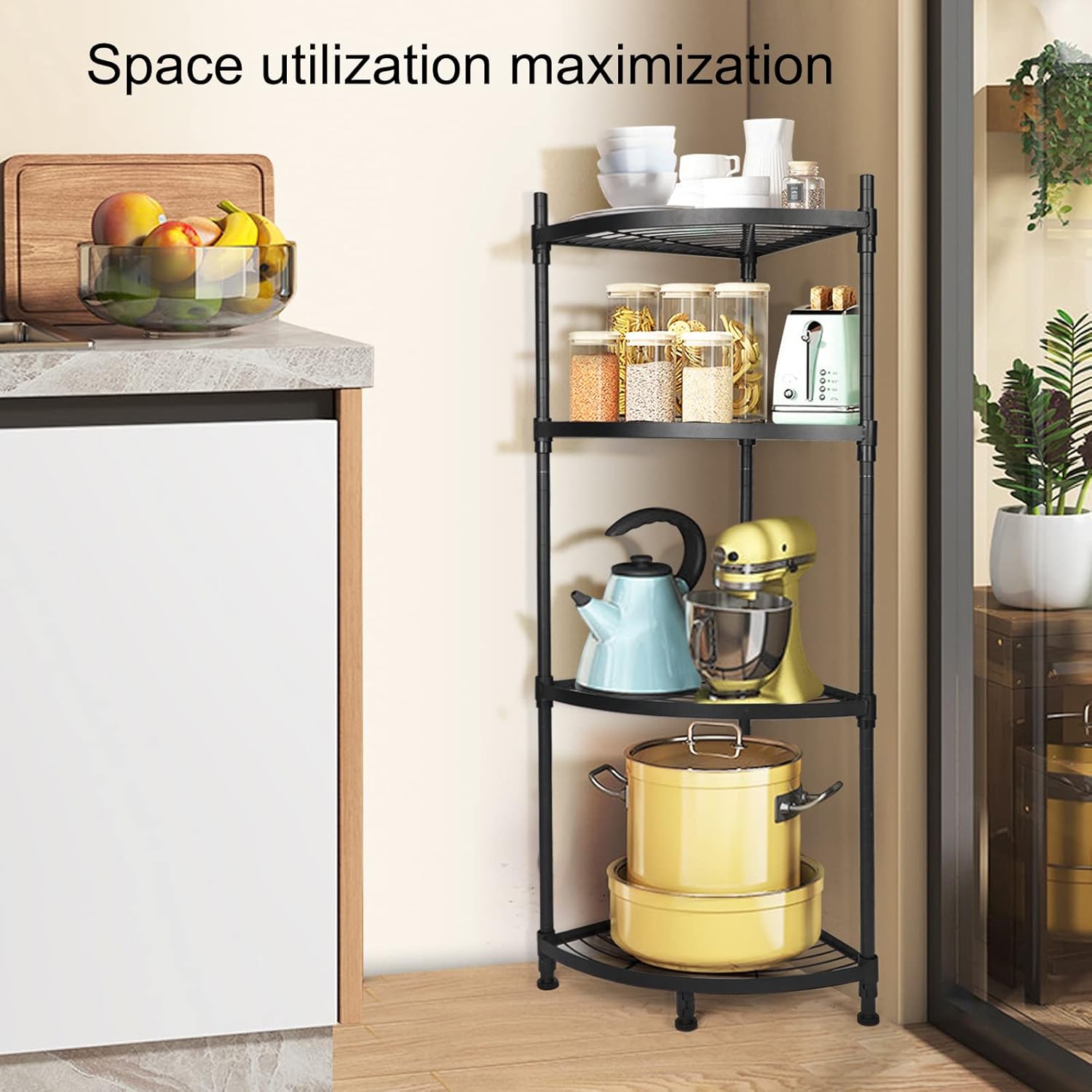 4-Tier Corner Shelving Unit, 13" D x 19" W x 43" H Metal Storage Rack Plant Stand for Living Room, Home Office, Kitchen, Small Space, Black