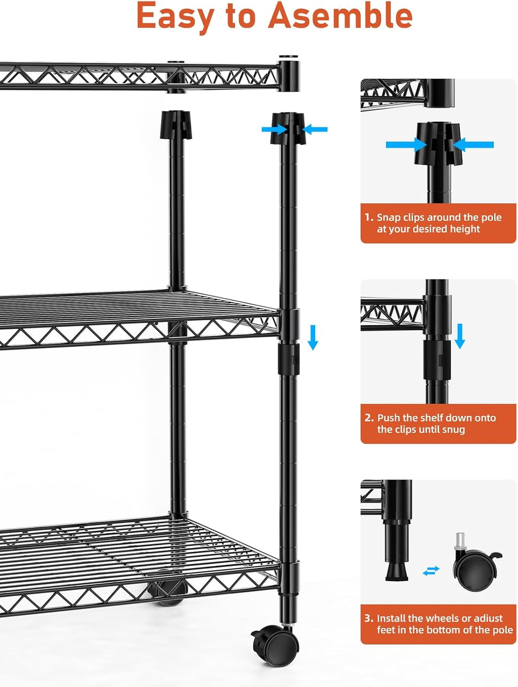 Heavy Duty 3-Tier Storage Shelves 750Lb Capacity, 24.02" D x 13.78" W x 29.92" H Shelving Unit for Pantry, Garage, Laundry and Kitchen, Black
