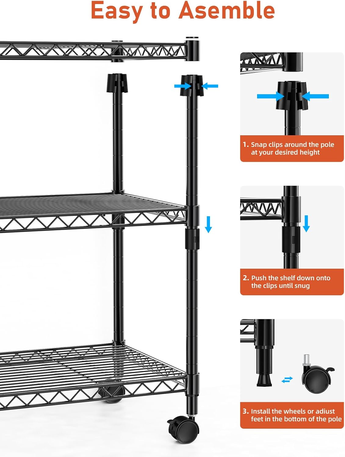 Heavy Duty 3-Tier Storage Shelves 750Lb Capacity, 24.02" D x 13.78" W x 29.92" H Shelving Unit for Pantry, Garage, Laundry and Kitchen, Black