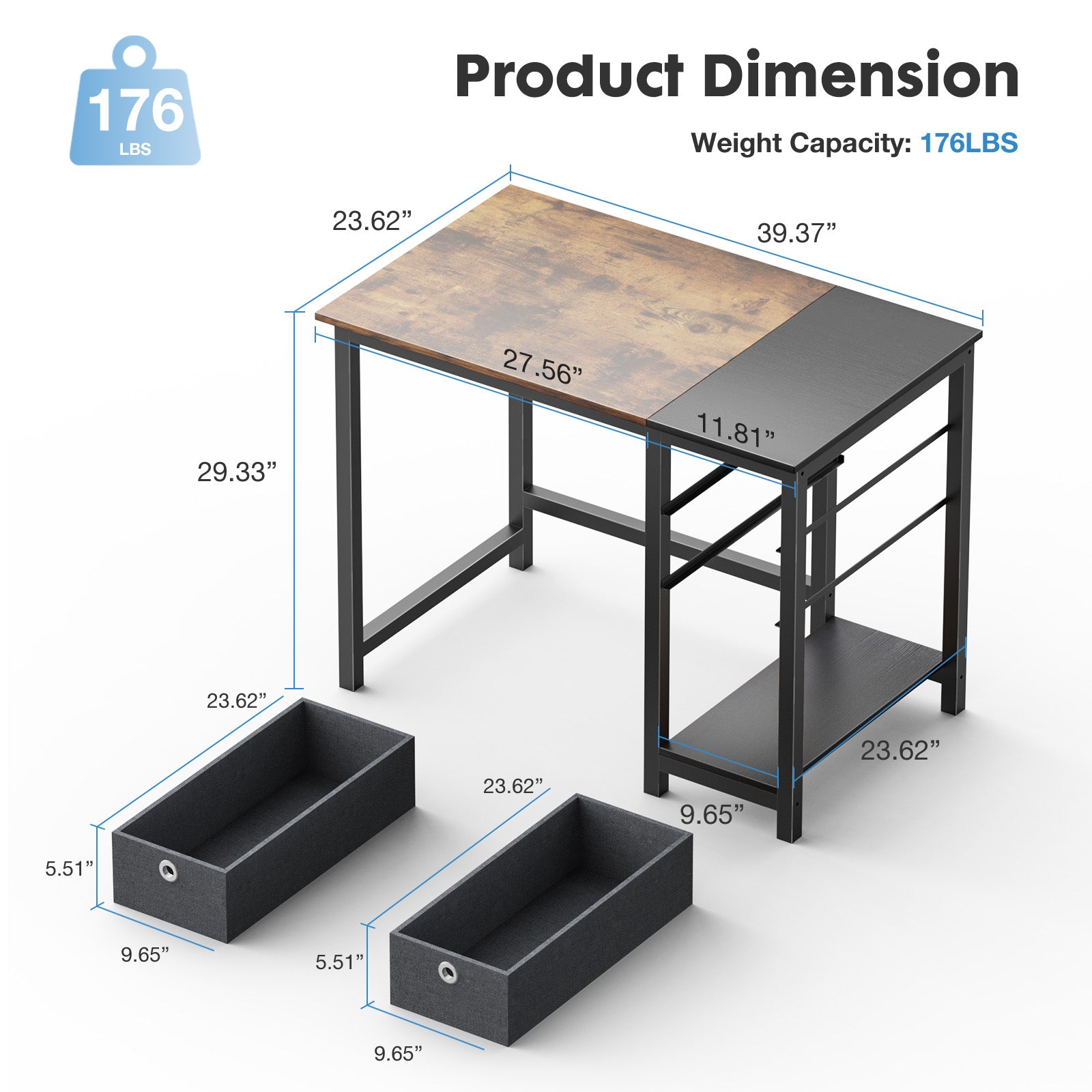 Computer Desk with Drawers 55 Inch Home Office Desk Writing Desk Work Desk PC Table Study Desk with 2-Tier Drawers Storage Shelf Side Hook