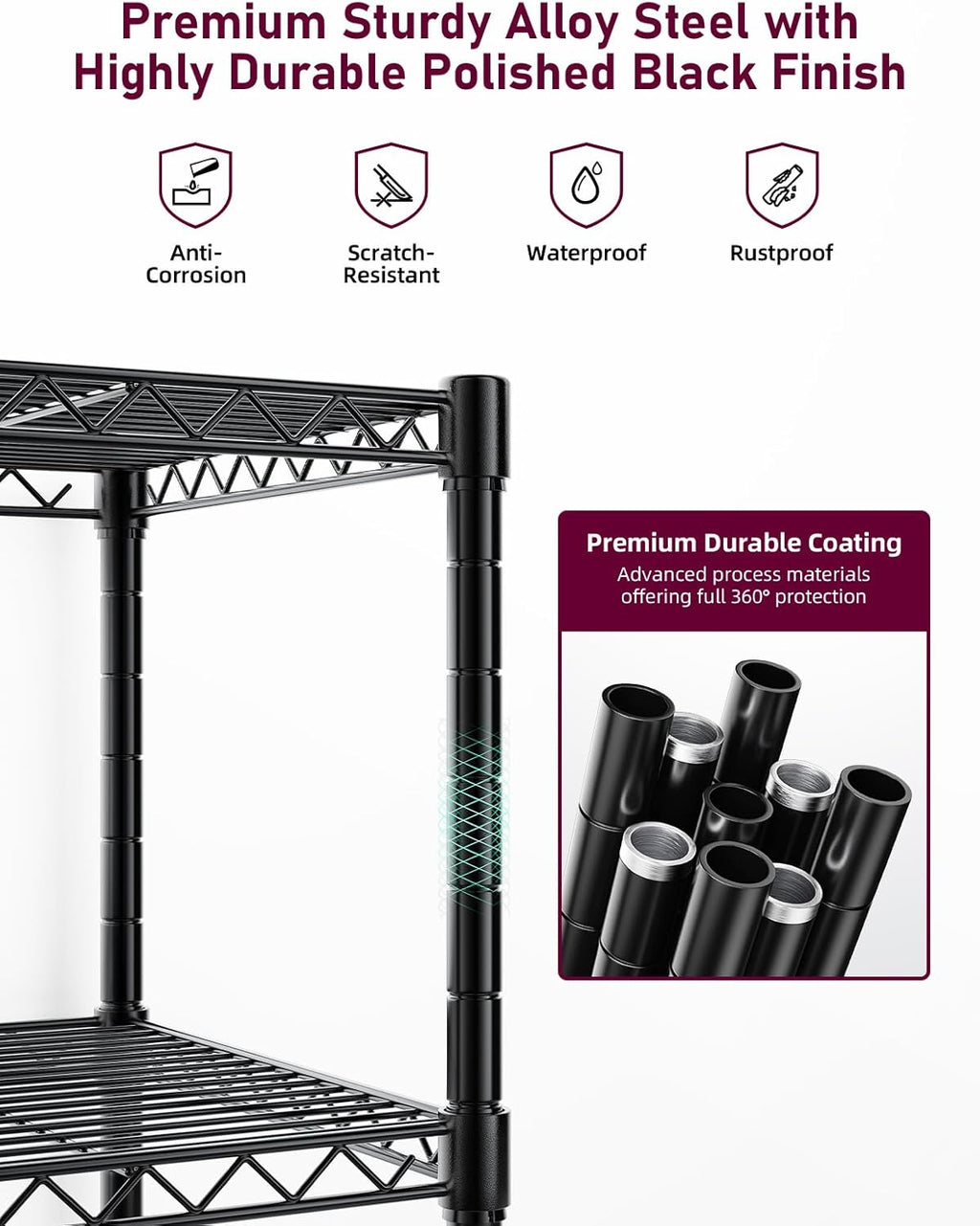 Heavy Duty 5-Shelf Storage Shelving Unit, 1250lbs Loading Capacity, 29.92" D x 13.98" W x 62.99" H Adjustable Steel Organizer Wire Rack, Black