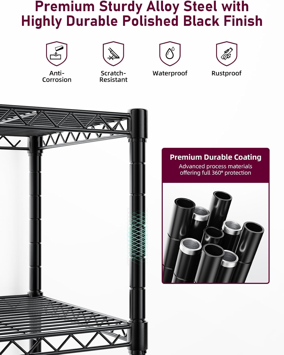 Heavy Duty 5-Shelf Storage Shelving Unit, 1250lbs Loading Capacity, 29.92" D x 13.98" W x 62.99" H Adjustable Steel Organizer Wire Rack, Black