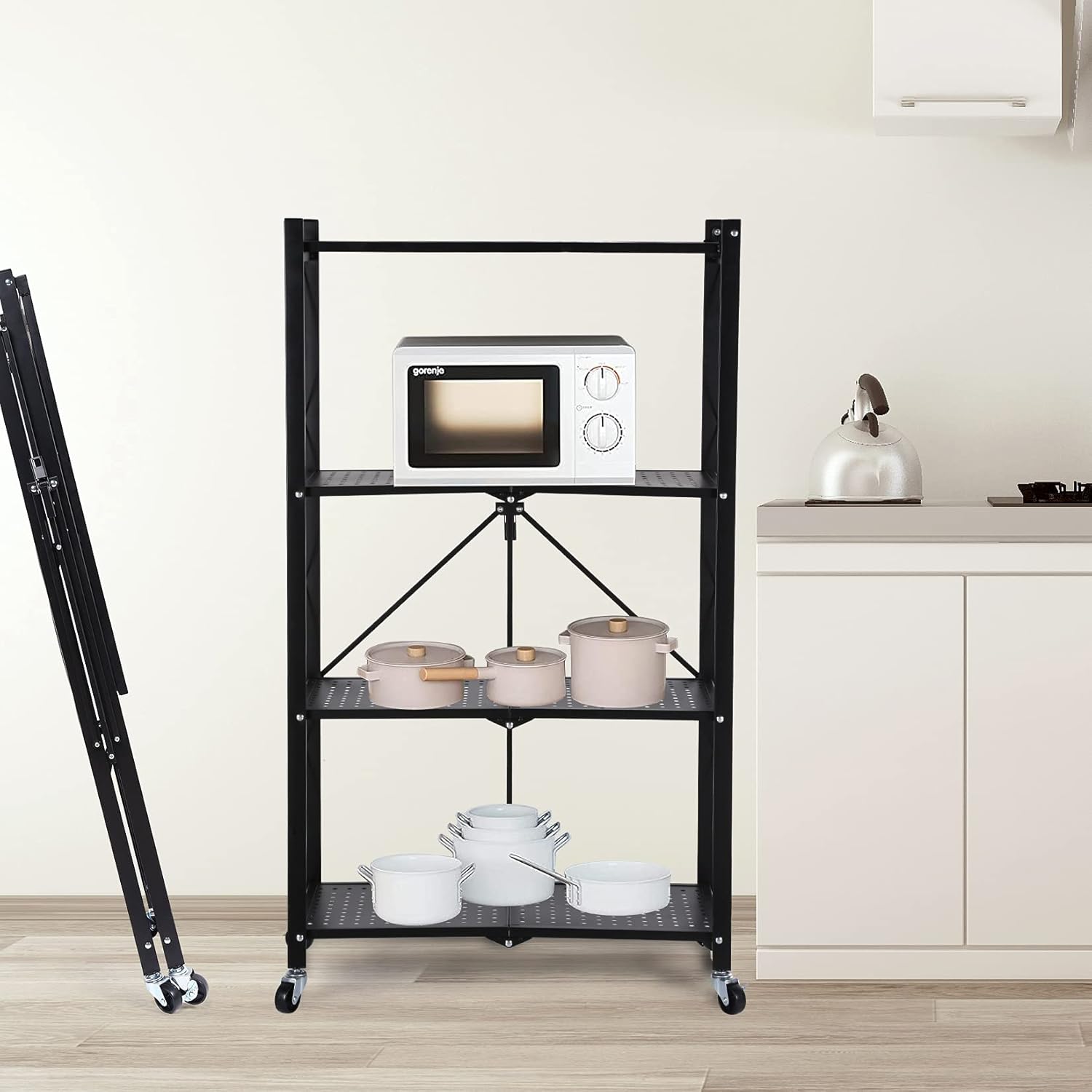 Heavy Duty Foldable Metal Rack Storage Shelving Unit with Wheels Moving Easily Organizer Shelves Great for Garage Kitchen, Black