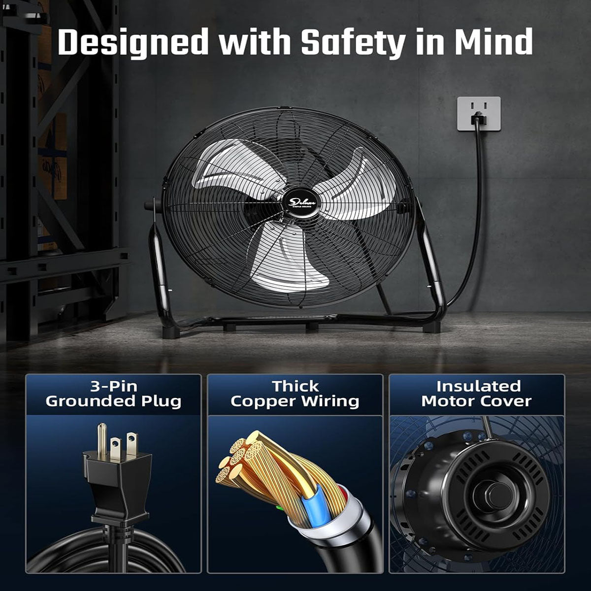 12/18/20 Inch 3-Speed High Velocity Heavy Duty Metal Industrial Floor Fans Quiet for Home, Commercial, Residential, and Greenhouse Use, Outdoor/Indoor, Black