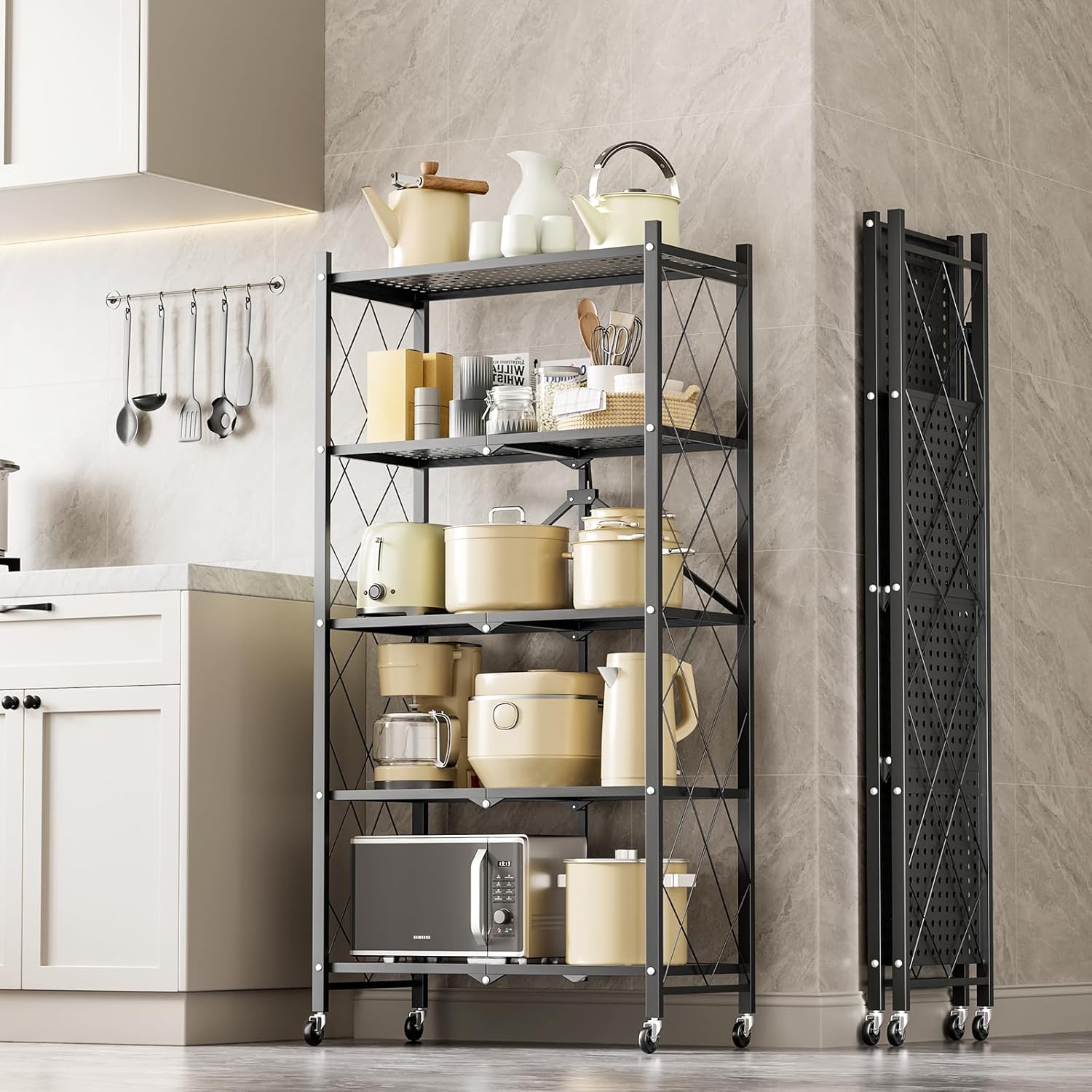 5-Tier Folding Storage Shelves, 27.95" W x 14.96" D x 63.78" H Foldable Shelving Unit, 1250 Lbs Loading Capacity, Black