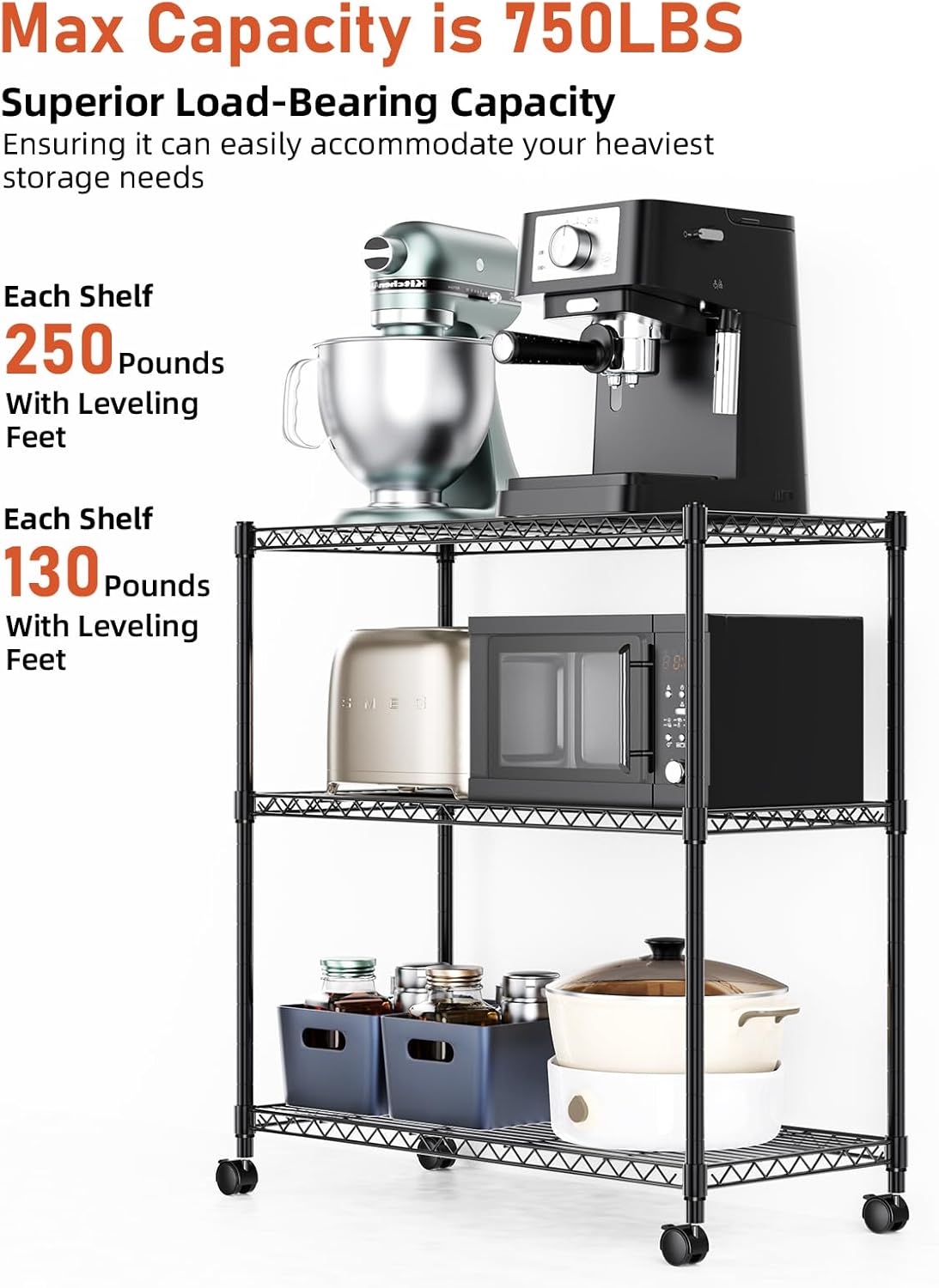 Heavy Duty 3-Tier Storage Shelves 750Lb Capacity, 24.02" D x 13.78" W x 29.92" H Shelving Unit for Pantry, Garage, Laundry and Kitchen, Black